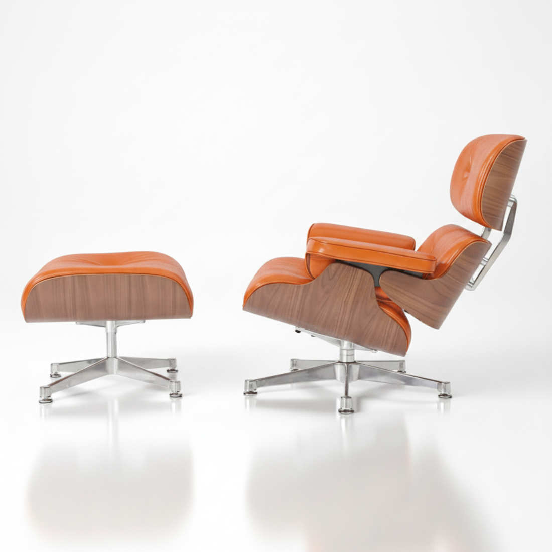 Charles Eames Inspired Mid-Century Iconic Lounge Chair & Ottoman in Burnt Orange Waxed Leather & Walnut Wood - Aura Furnitures