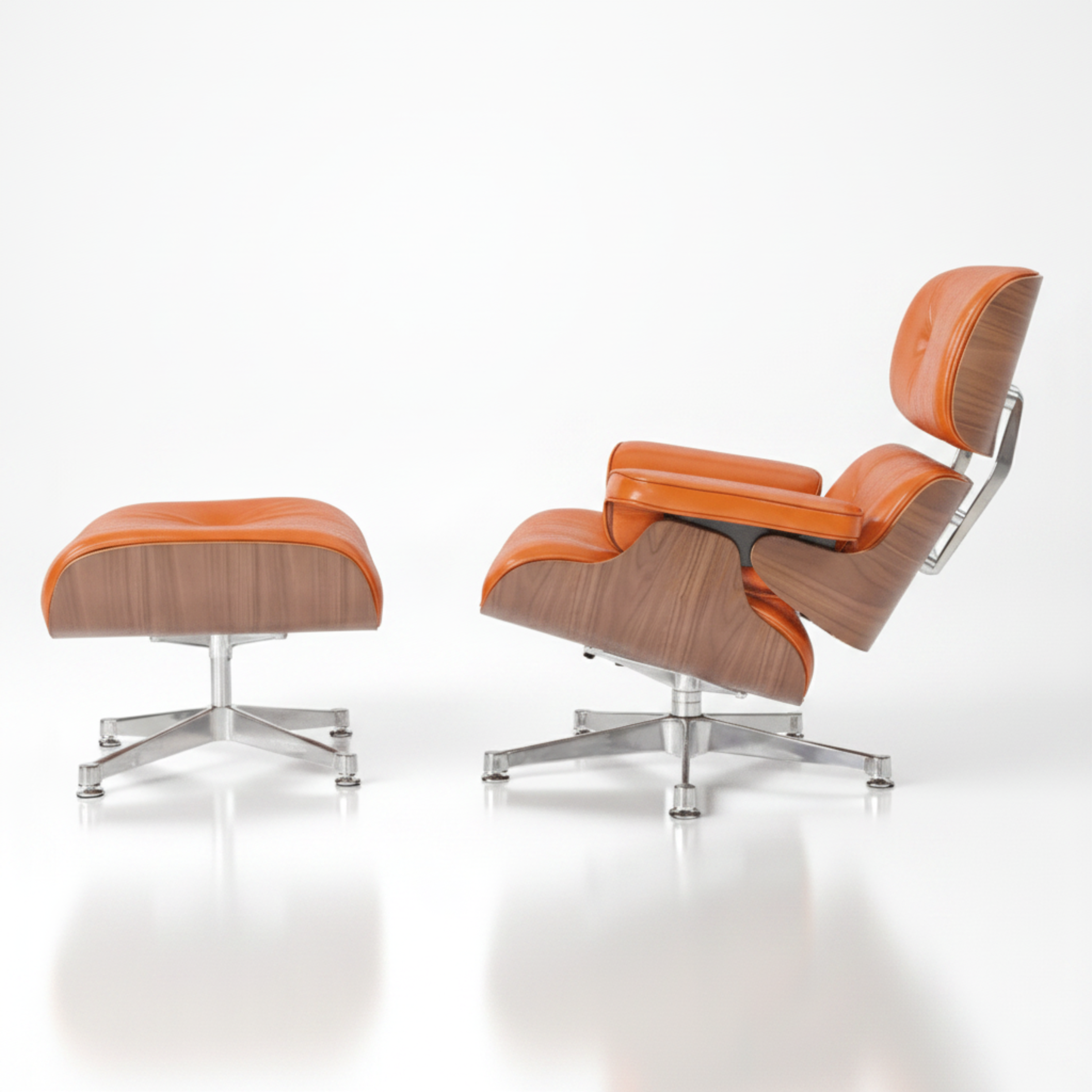 Charles Eames Inspired Mid-Century Iconic Lounge Chair & Ottoman in Burnt Orange Waxed Leather & Walnut Wood - Aura Furnitures