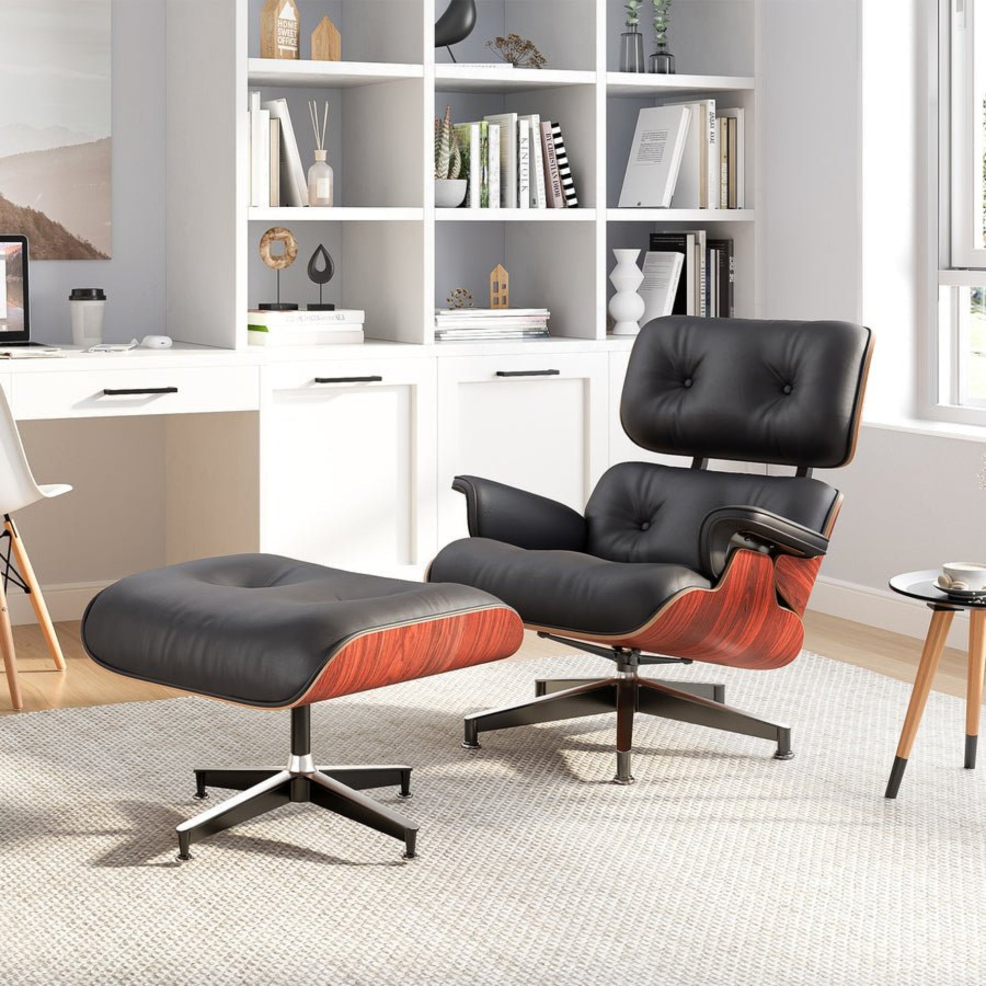 Charles Eames Inspired Mid-Century Iconic Lounge Chair & Ottoman in Dark Rose Wood & Black Leather - Aura Furnitures