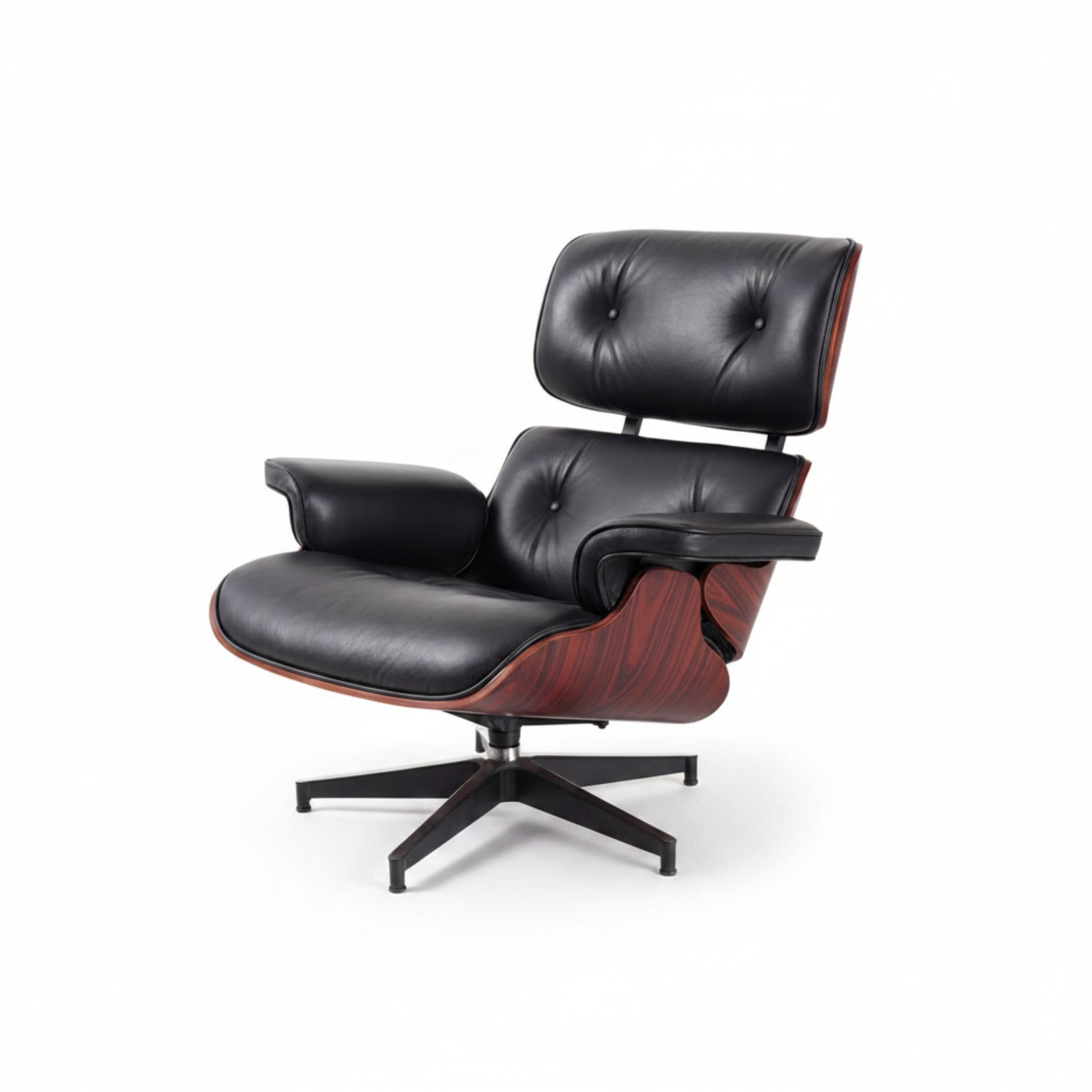 Charles Eames Inspired Mid-Century Iconic Lounge Chair & Ottoman in Dark Rose Wood & Black Leather - Aura Furnitures