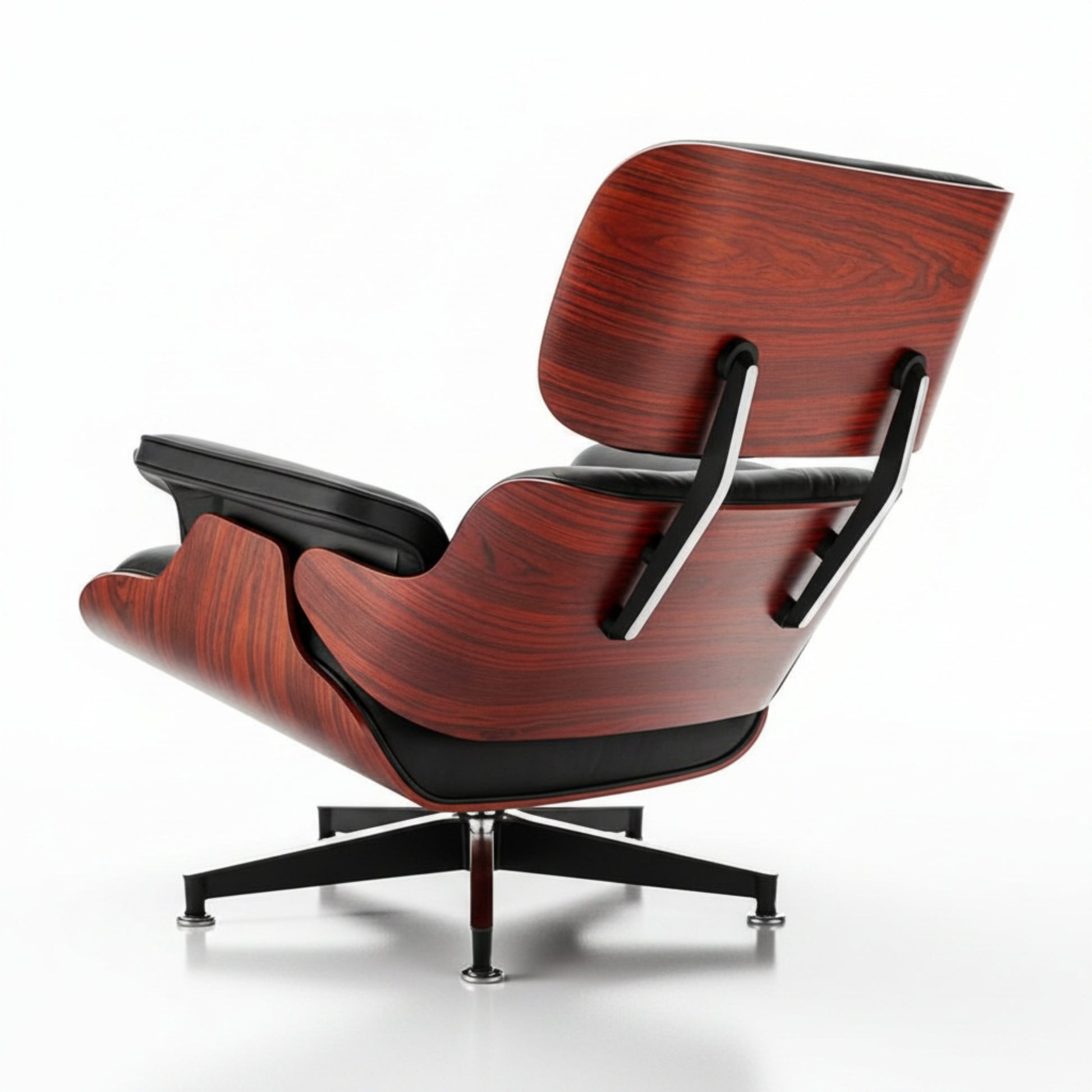 Charles Eames Inspired Mid-Century Iconic Lounge Chair & Ottoman in Dark Rose Wood & Black Leather - Aura Furnitures