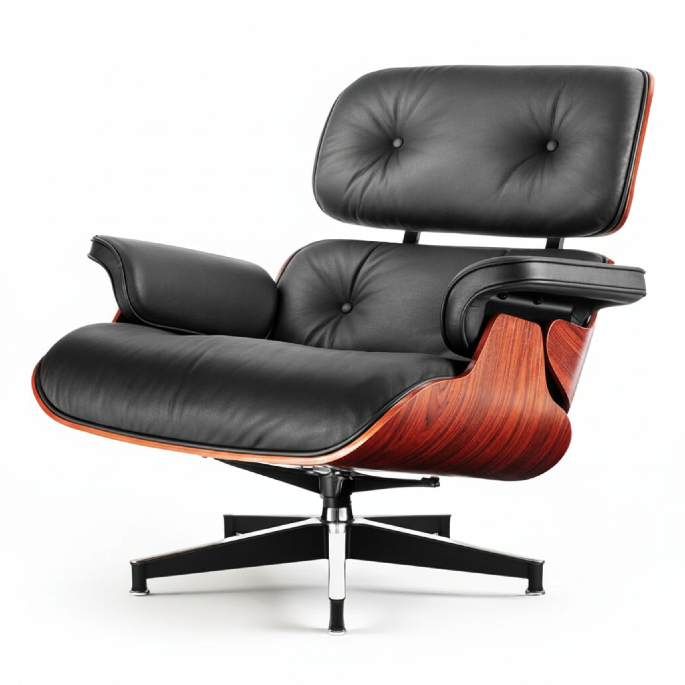 Charles Eames Inspired Mid-Century Iconic Lounge Chair & Ottoman in Dark Rose Wood & Black Leather - Aura Furnitures