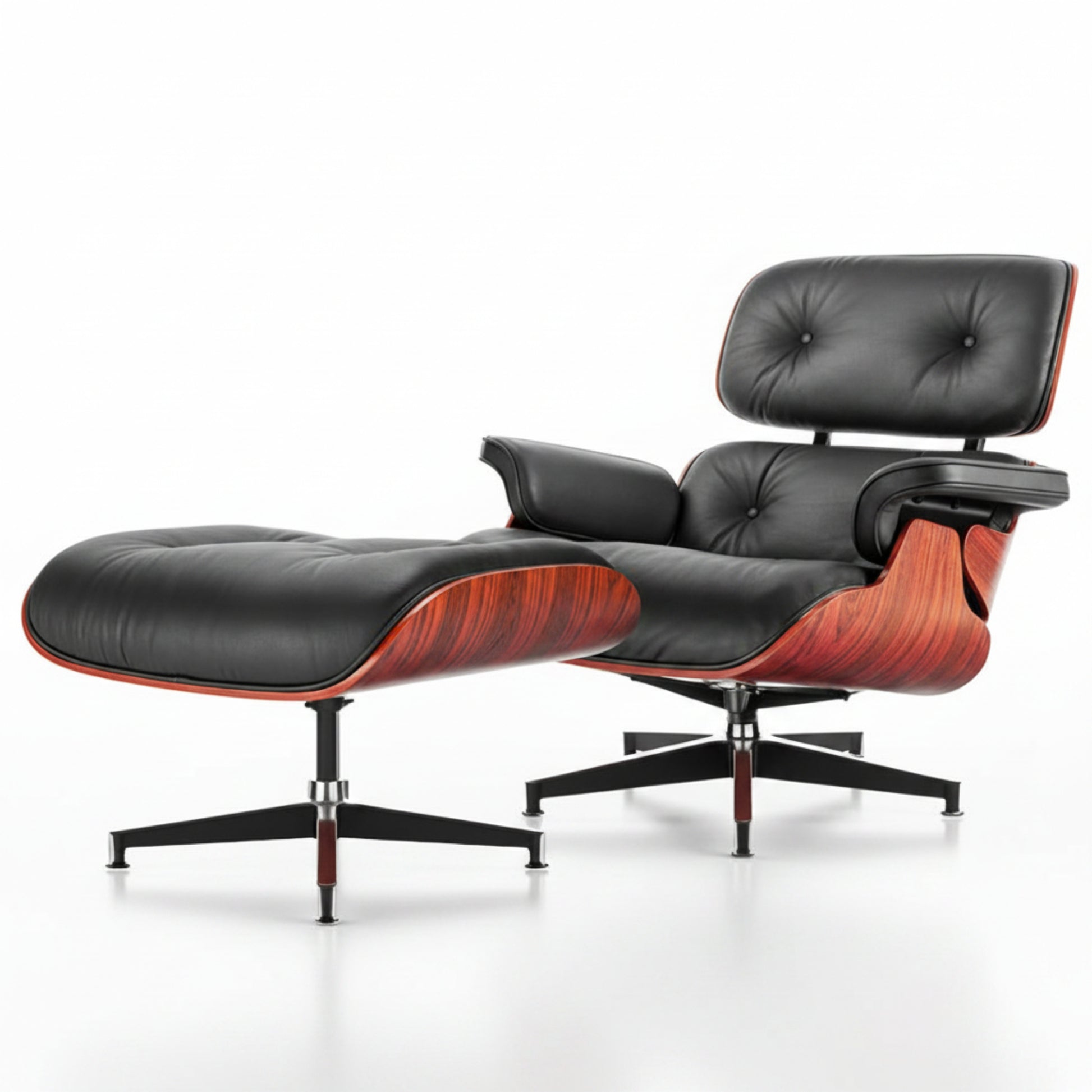 Charles Eames Inspired Mid-Century Iconic Lounge Chair & Ottoman in Dark Rose Wood & Black Leather - Aura Furnitures