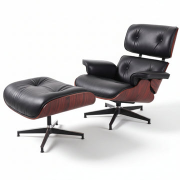 Charles Eames Inspired Mid-Century Iconic Lounge Chair & Ottoman in Dark Rose Wood & Black Leather - Aura Furnitures