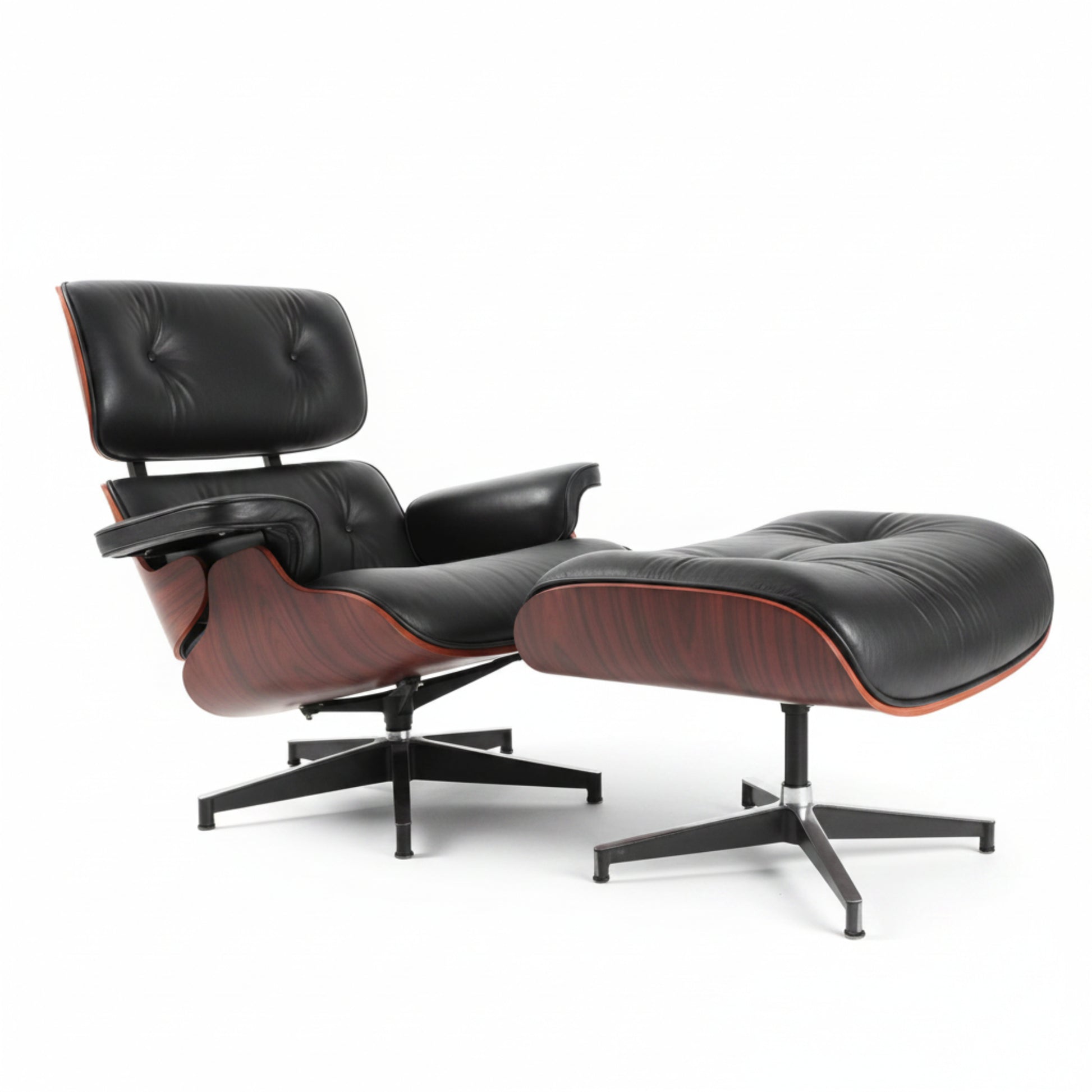 Charles Eames Inspired Mid-Century Iconic Lounge Chair & Ottoman in Dark Rose Wood & Black Leather - Aura Furnitures