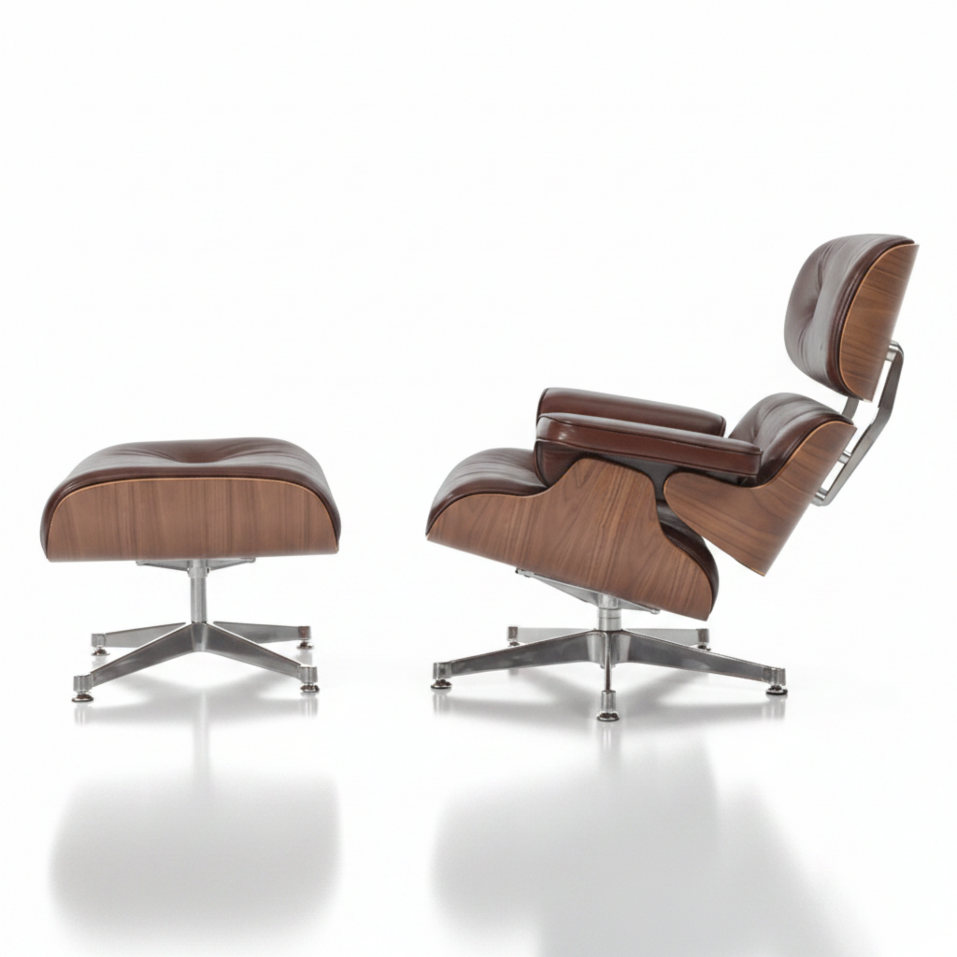 Charles Eames Inspired Mid-Century Iconic Lounge Chair & Ottoman in Vinatge Tan Waxed Leather & Walnut Wood - Aura Furnitures