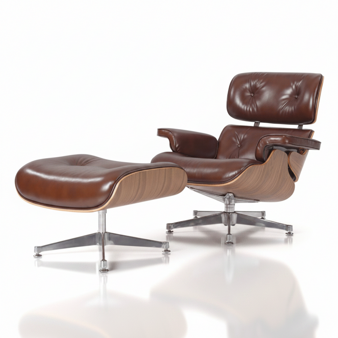 Charles Eames Inspired Mid-Century Iconic Lounge Chair & Ottoman in Vinatge Tan Waxed Leather & Walnut Wood - Aura Furnitures
