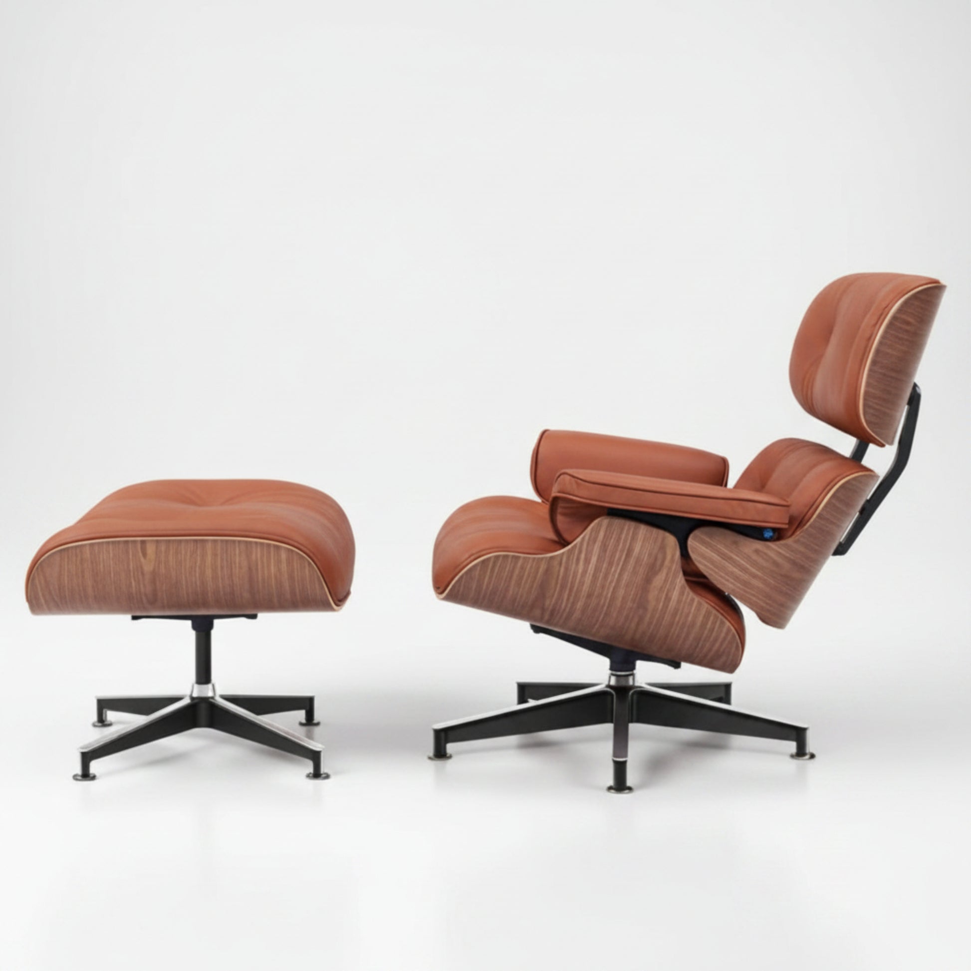 Charles Eames Inspired Mid-Century Lounge Chair & Ottoman Set in Italian Leather Walnut Wood - Aura Furnitures