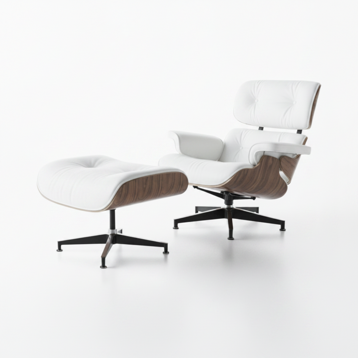 Eames inspired lounge chair walnut wood black leather rear view