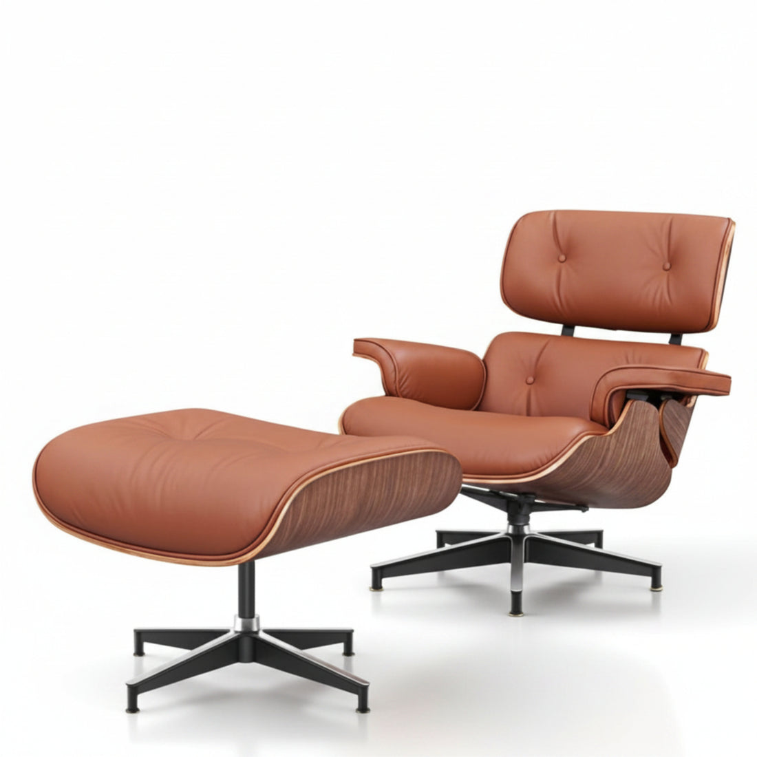 Charles Eames Inspired Mid-Century Lounge Chair & Ottoman Set in Italian Leather Walnut Wood - Aura Furnitures