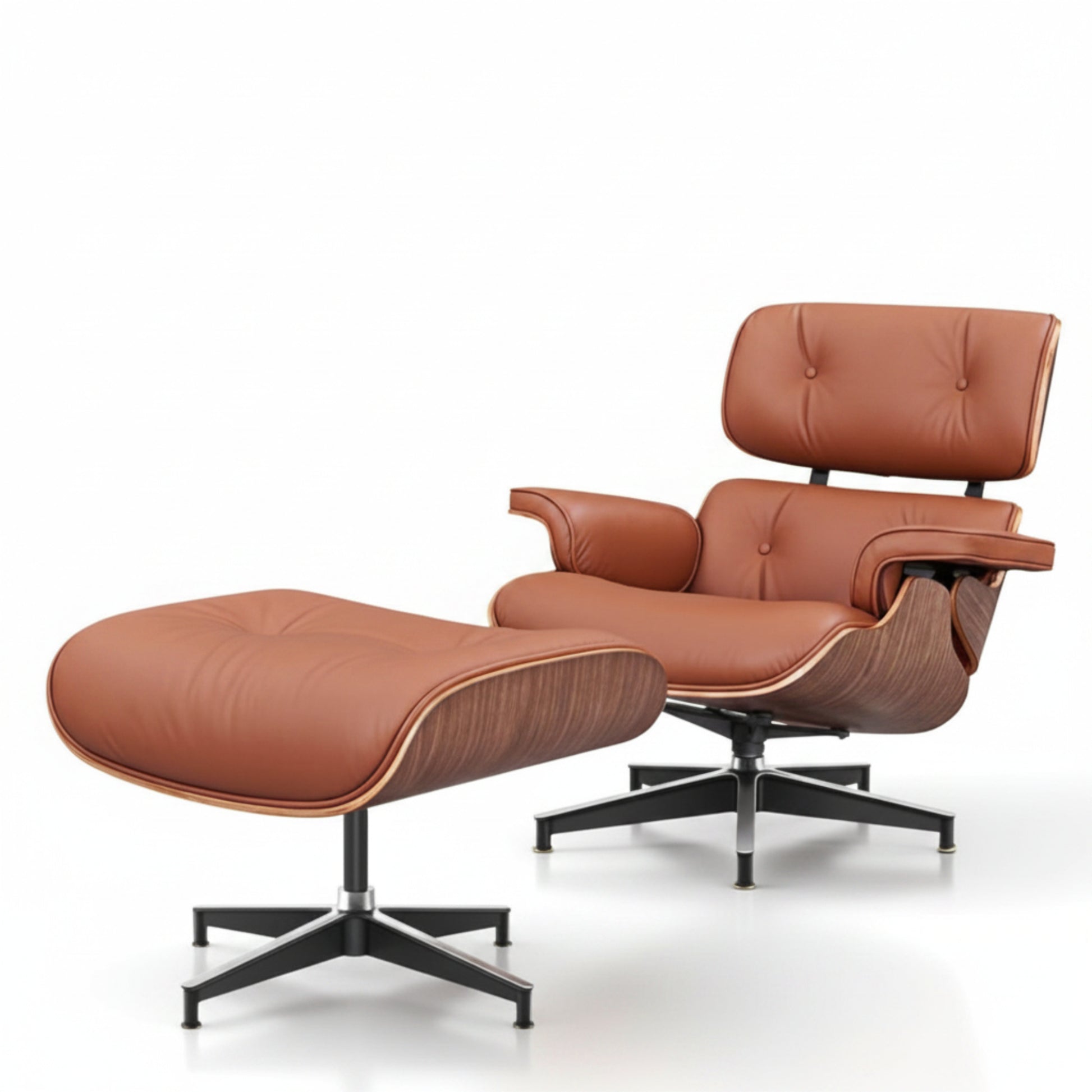 Charles Eames Inspired Mid-Century Lounge Chair & Ottoman Set in Italian Leather Walnut Wood - Aura Furnitures