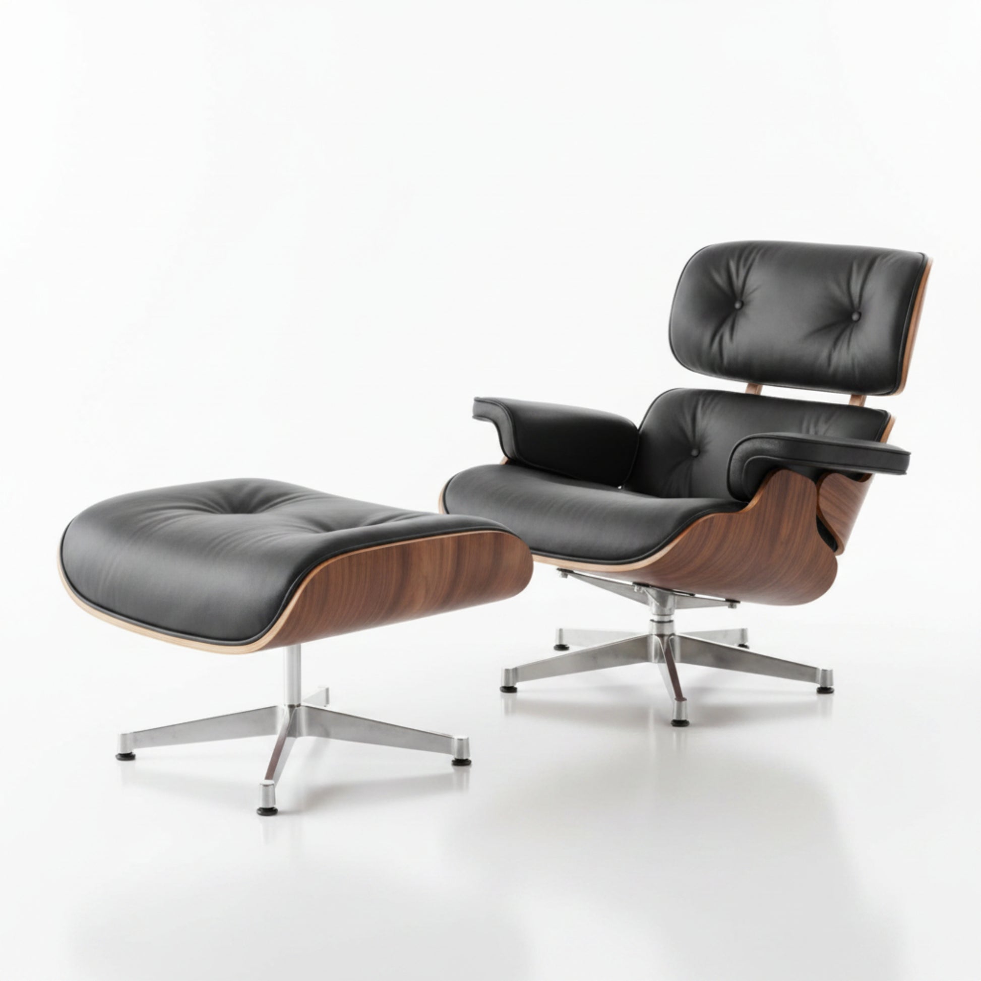 Charles Eames Inspired Mid-Century Lounge Chair & Ottoman Set in Italian Leather Walnut Wood - Aura Furnitures