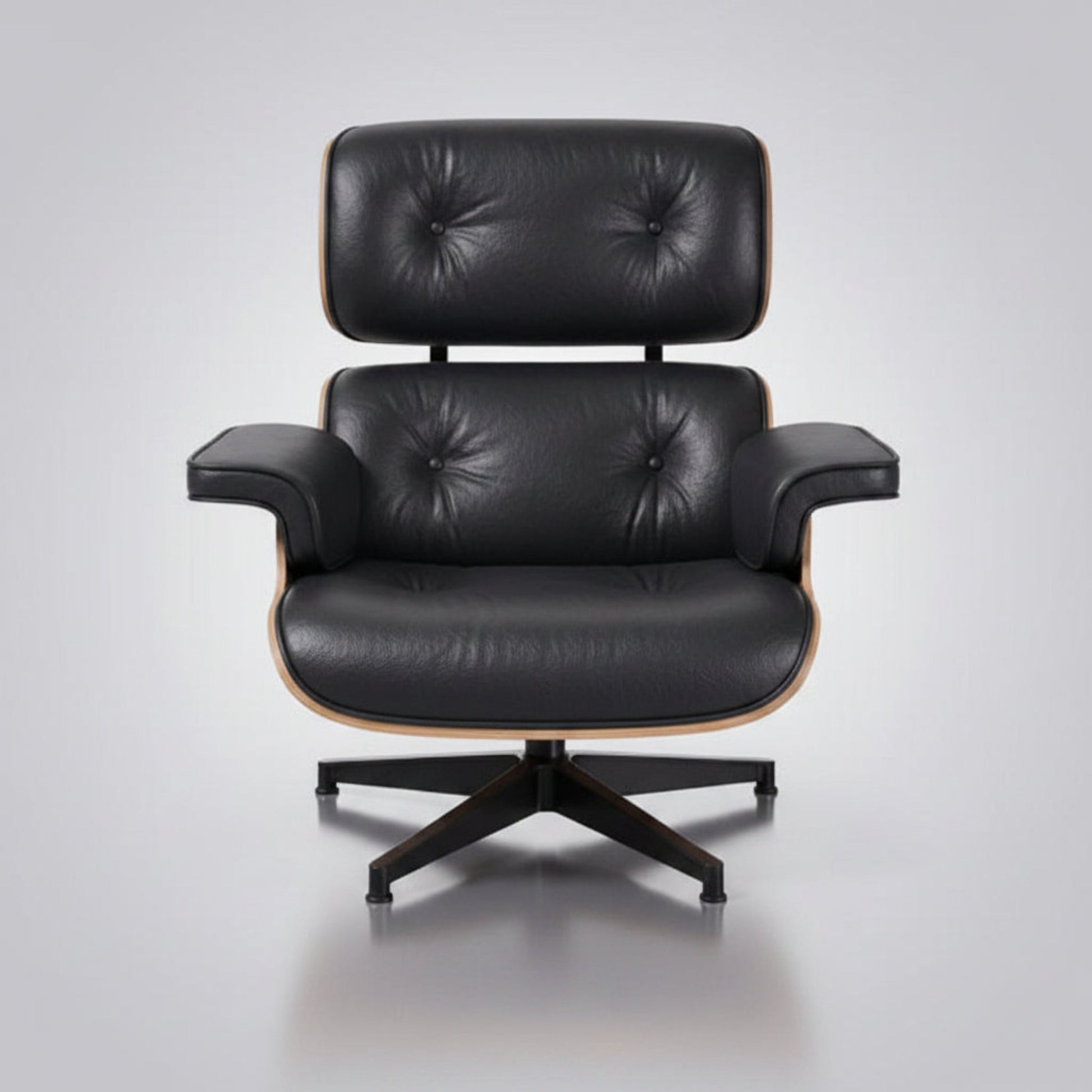 Eames inspired lounge chair walnut wood shell and black leather cushions