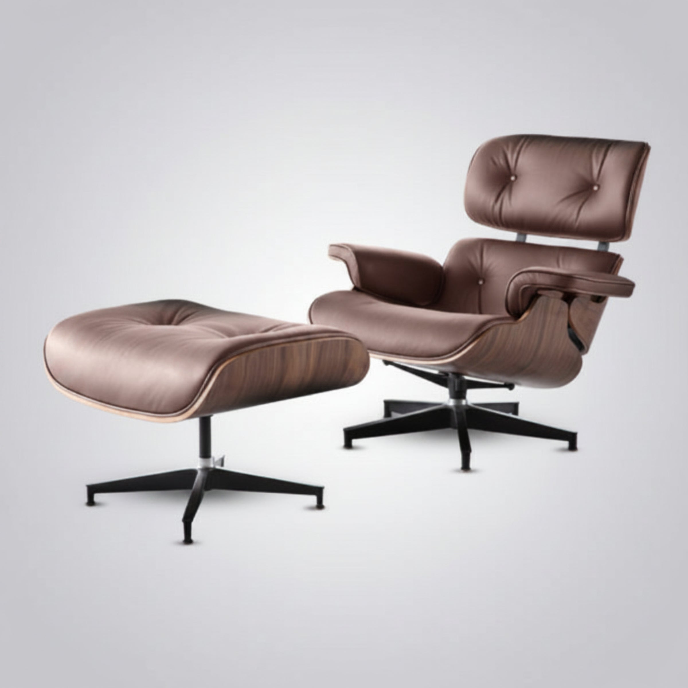Charles Eames Inspired Mid-Century Lounge Chair & Ottoman Set in Italian Leather Walnut Wood - Aura Furnitures