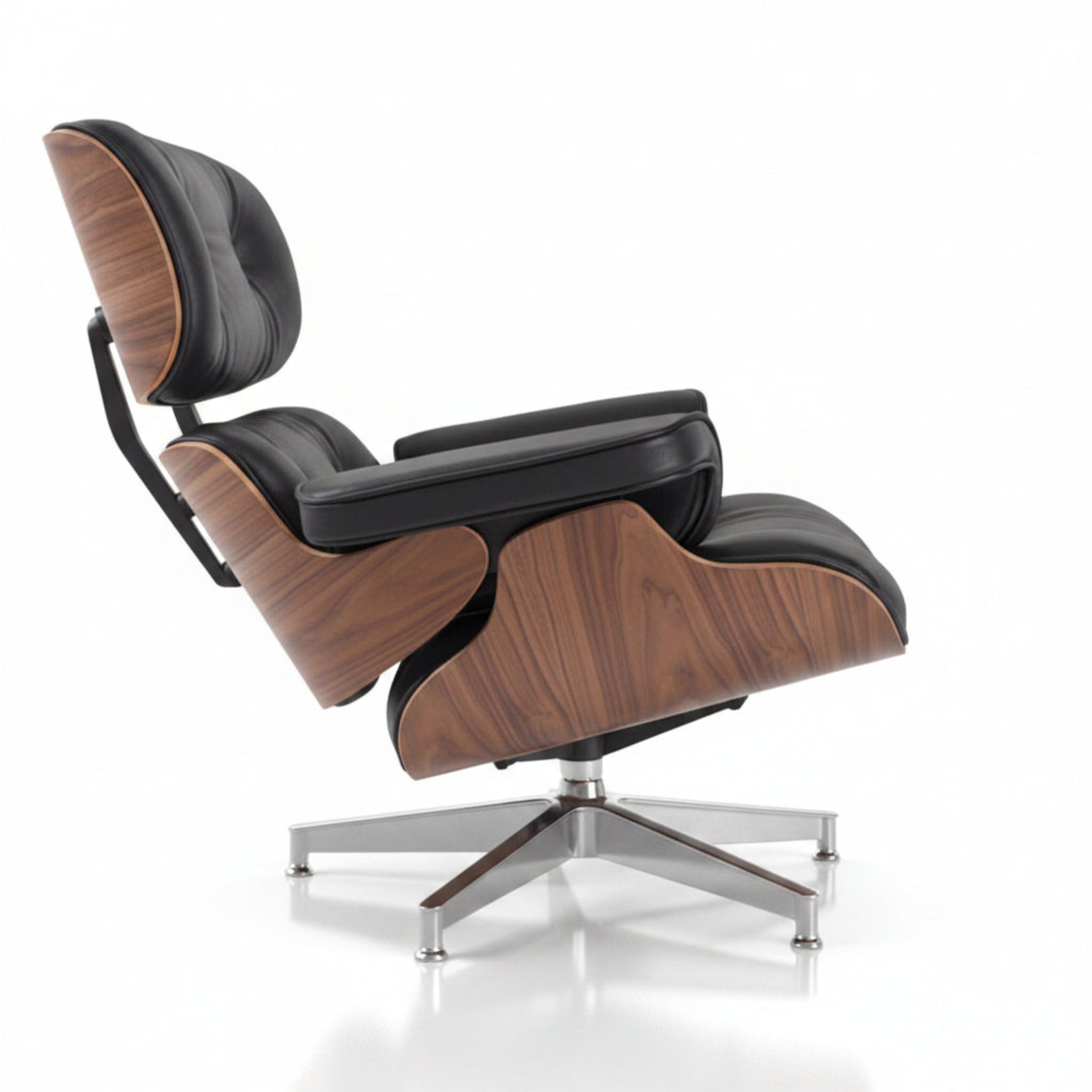 Eames inspired lounge chair and ottoman walnut wood black leather side view