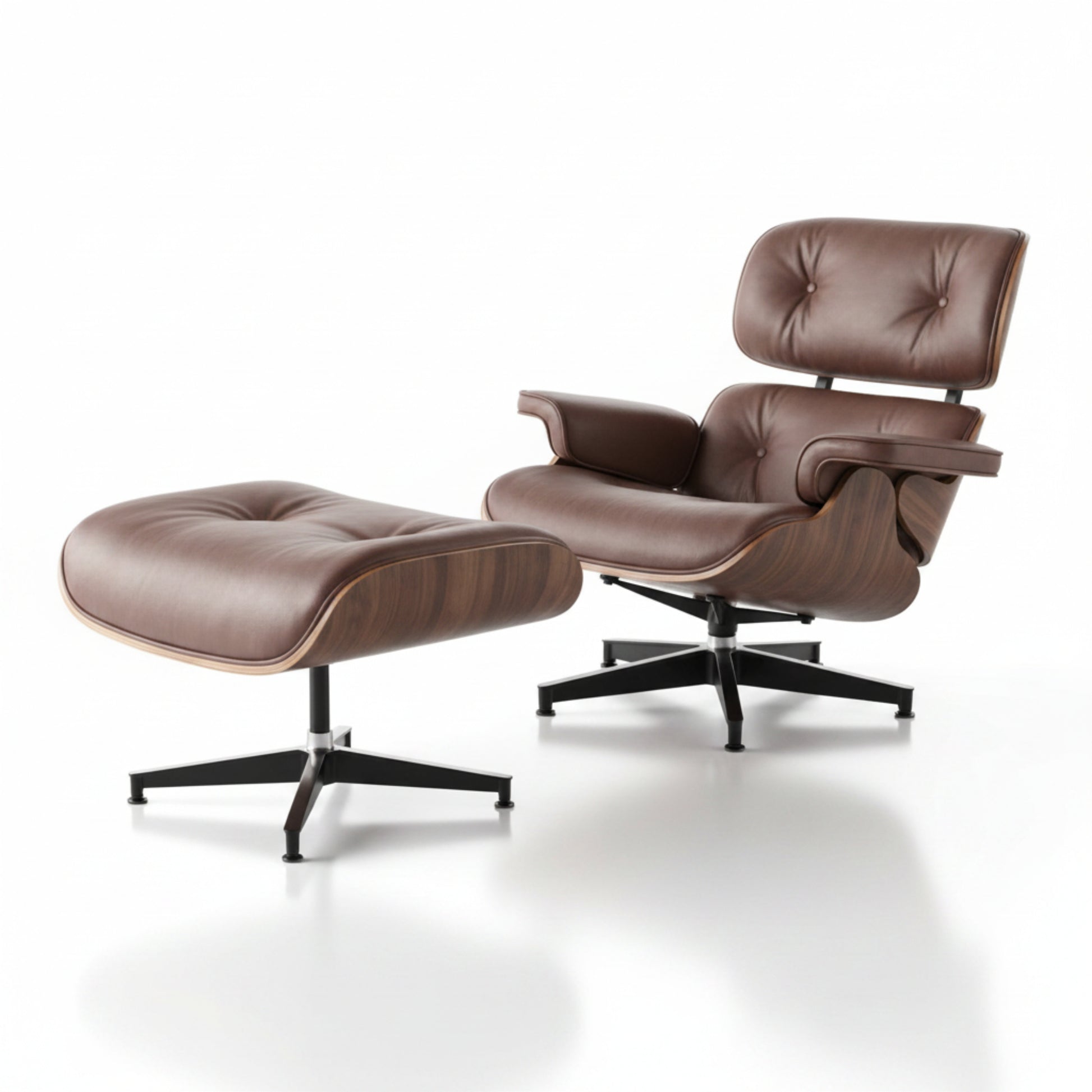 Charles Eames Inspired Mid-Century Lounge Chair & Ottoman Set in Italian Leather Walnut Wood - Aura Furnitures