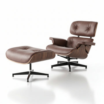 Charles Eames Inspired Mid-Century Lounge Chair & Ottoman Set in Italian Leather Walnut Wood - Aura Furnitures