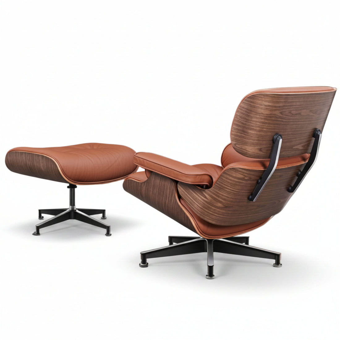 Charles Eames Inspired Mid-Century Lounge Chair & Ottoman Set in Italian Leather Walnut Wood - Aura Furnitures
