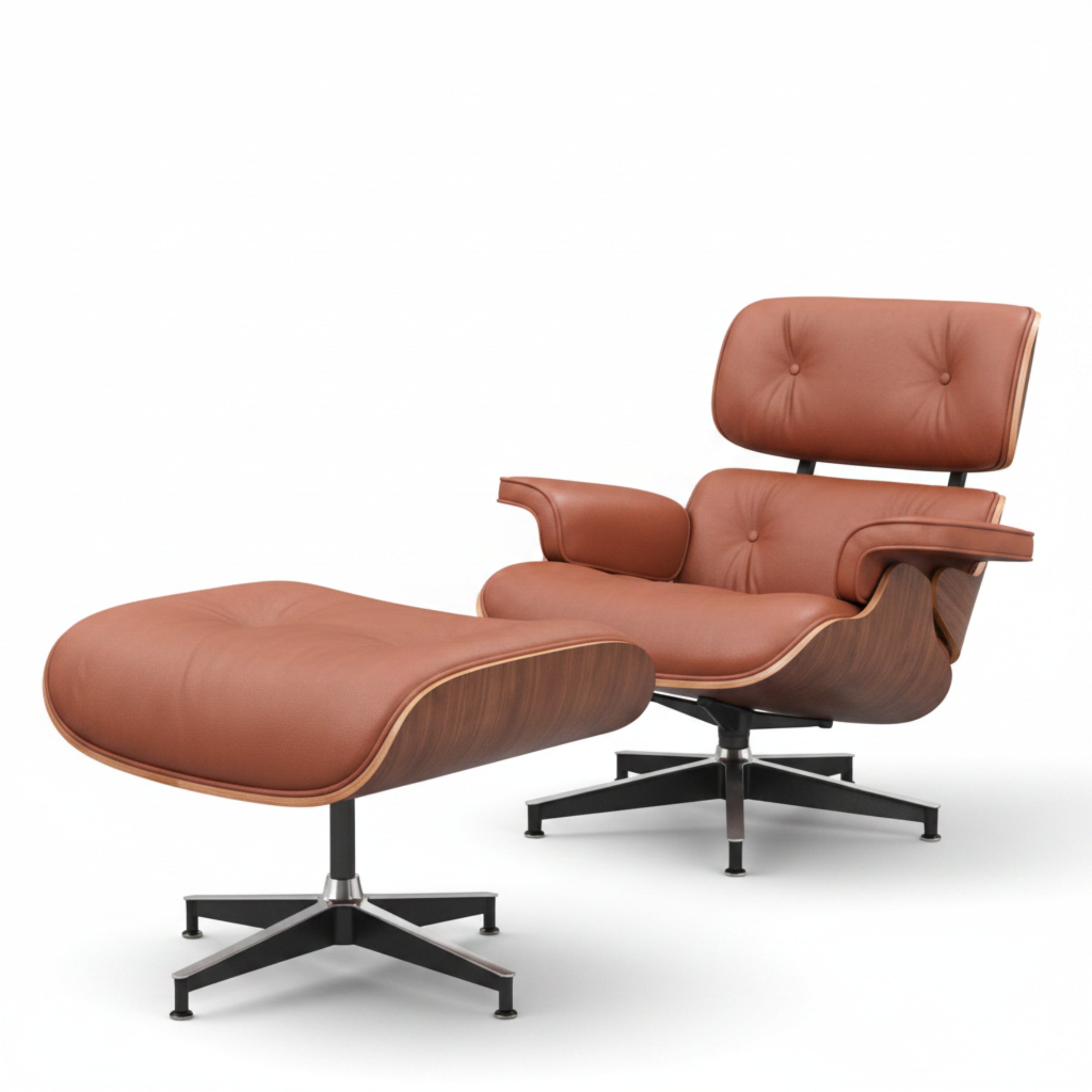 Charles Eames Inspired Mid-Century Lounge Chair & Ottoman Set in Italian Leather Walnut Wood - Aura Furnitures