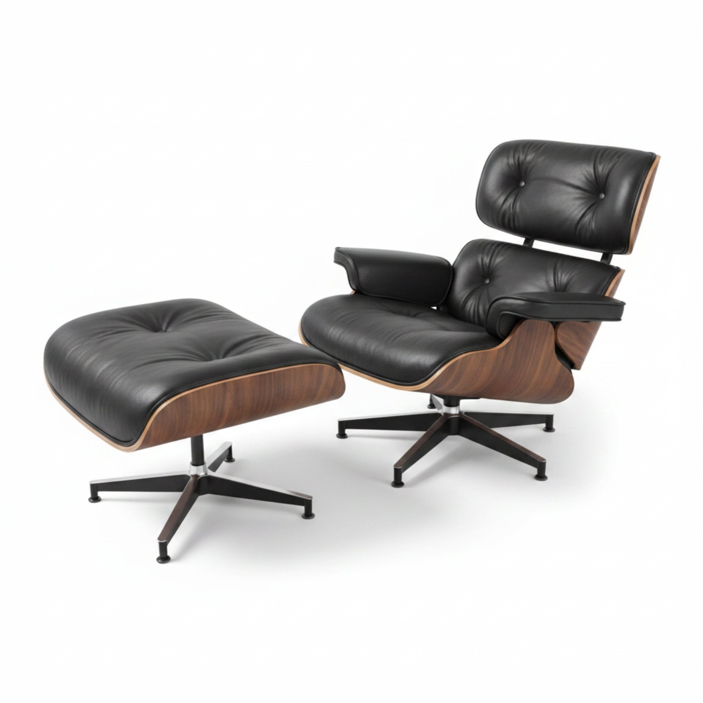 Charles Eames Inspired Mid-Century Lounge Chair & Ottoman Set in Italian Leather Walnut Wood - Aura Furnitures