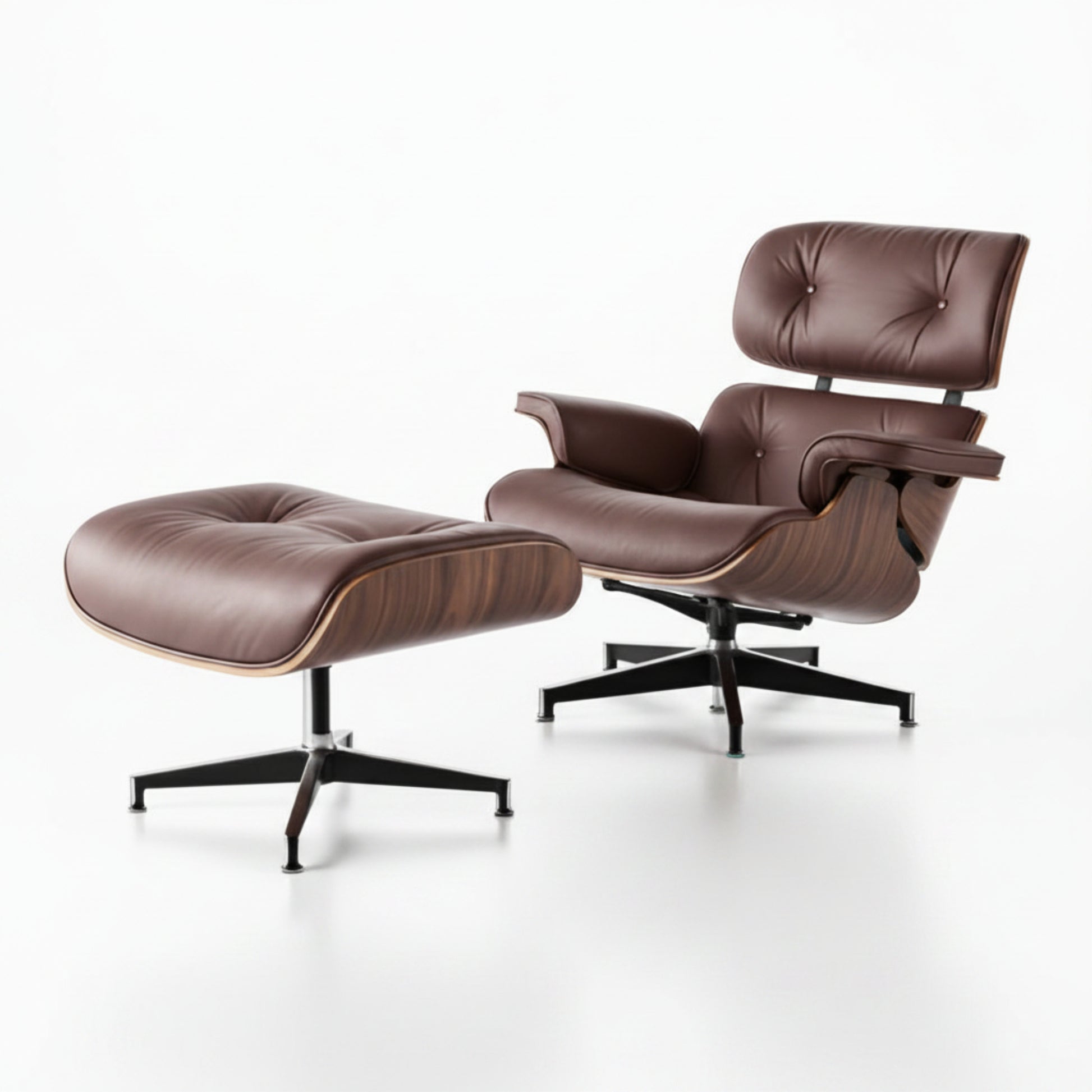 Charles Eames Inspired Mid-Century Iconic Lounge Chair & Ottoman - Walnut Wood & Chocolate Brown - Aura Furnitures