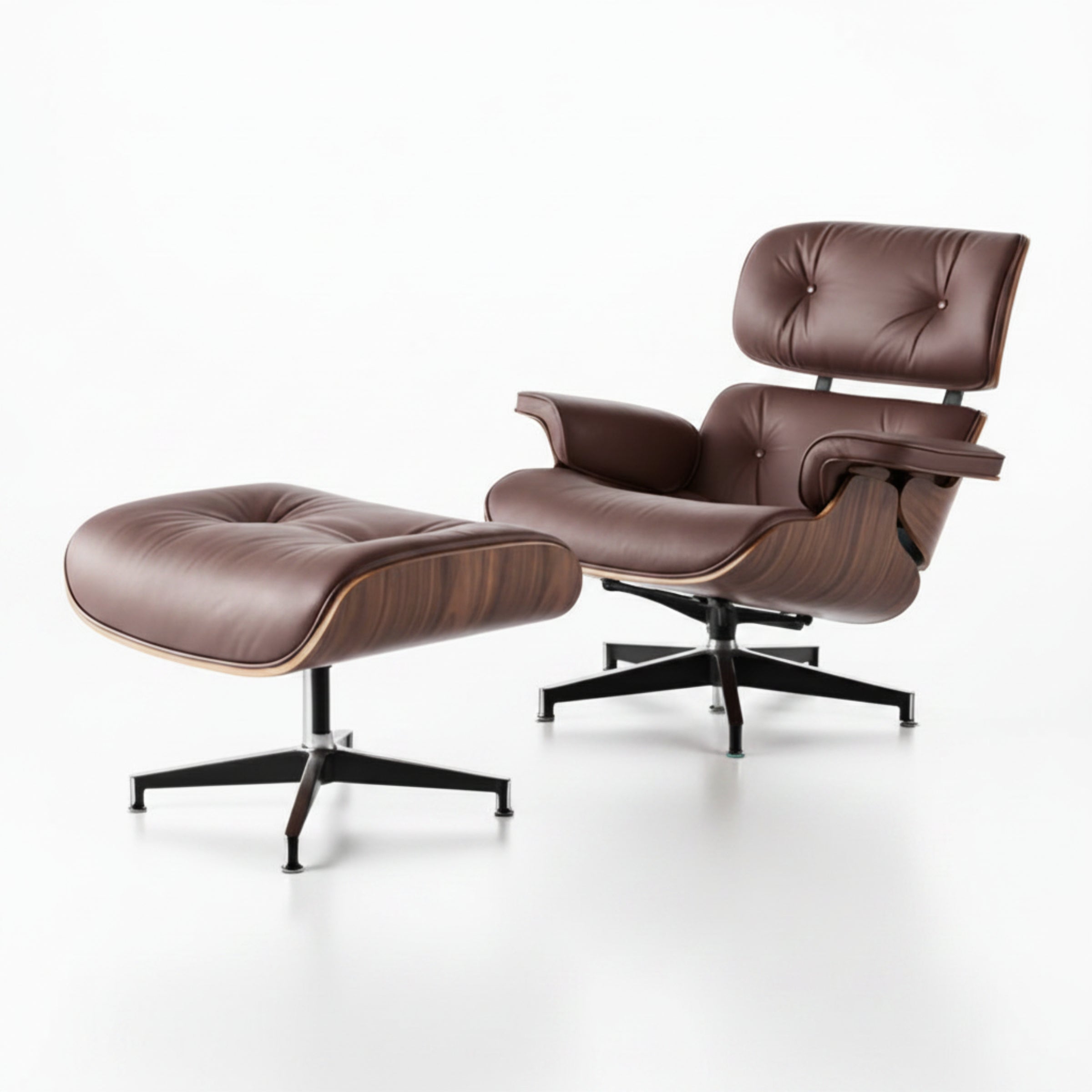 Charles Eames Inspired Mid-Century Iconic Lounge Chair & Ottoman - Walnut Wood & Chocolate Brown - Aura Furnitures