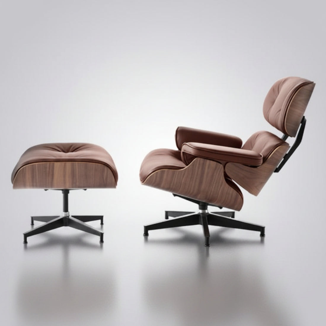 Charles Eames Inspired Mid-Century Iconic Lounge Chair & Ottoman - Walnut Wood & Chocolate Brown - Aura Furnitures