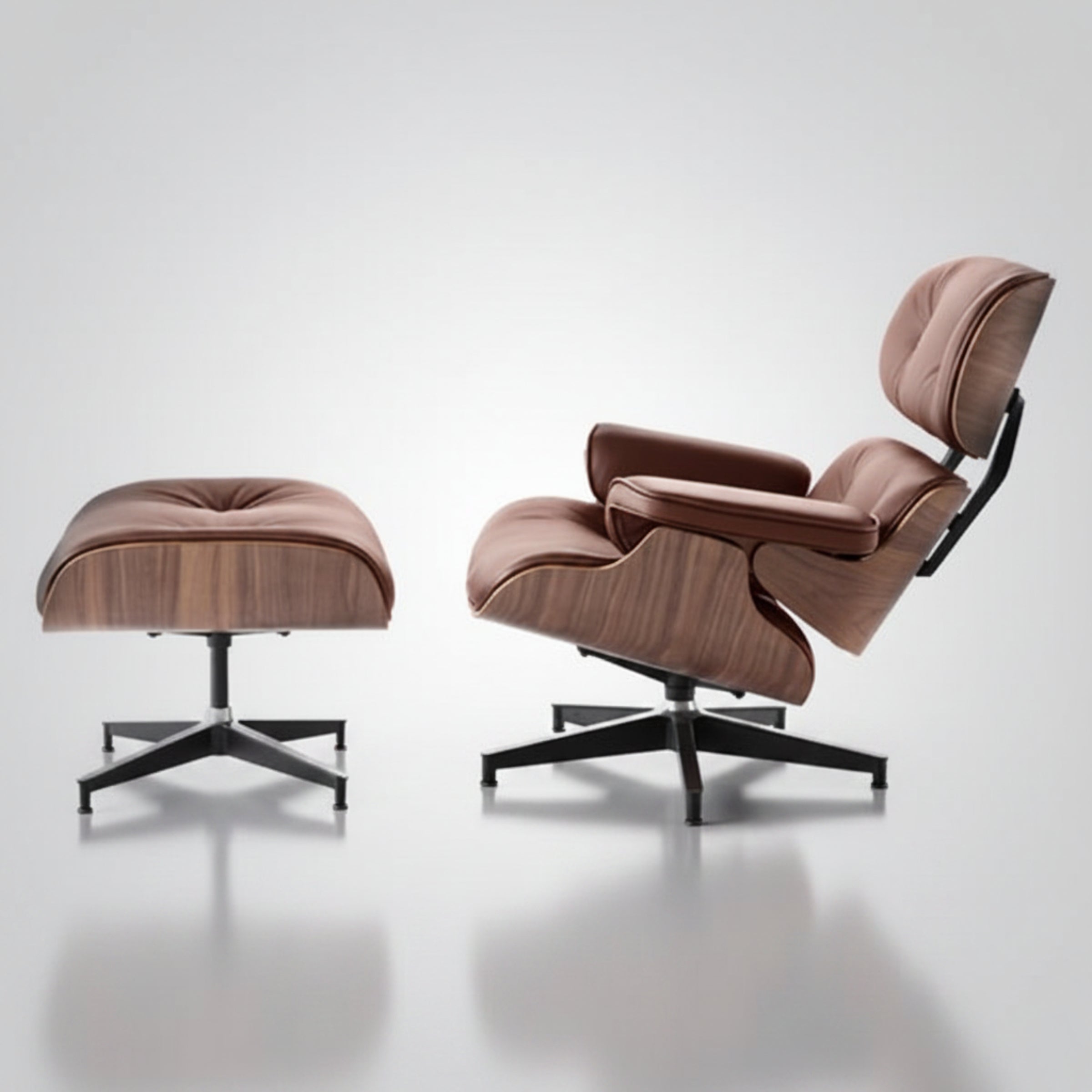 Charles Eames Inspired Mid-Century Iconic Lounge Chair & Ottoman – Walnut Wood & Tan Brown - Aura Furnitures