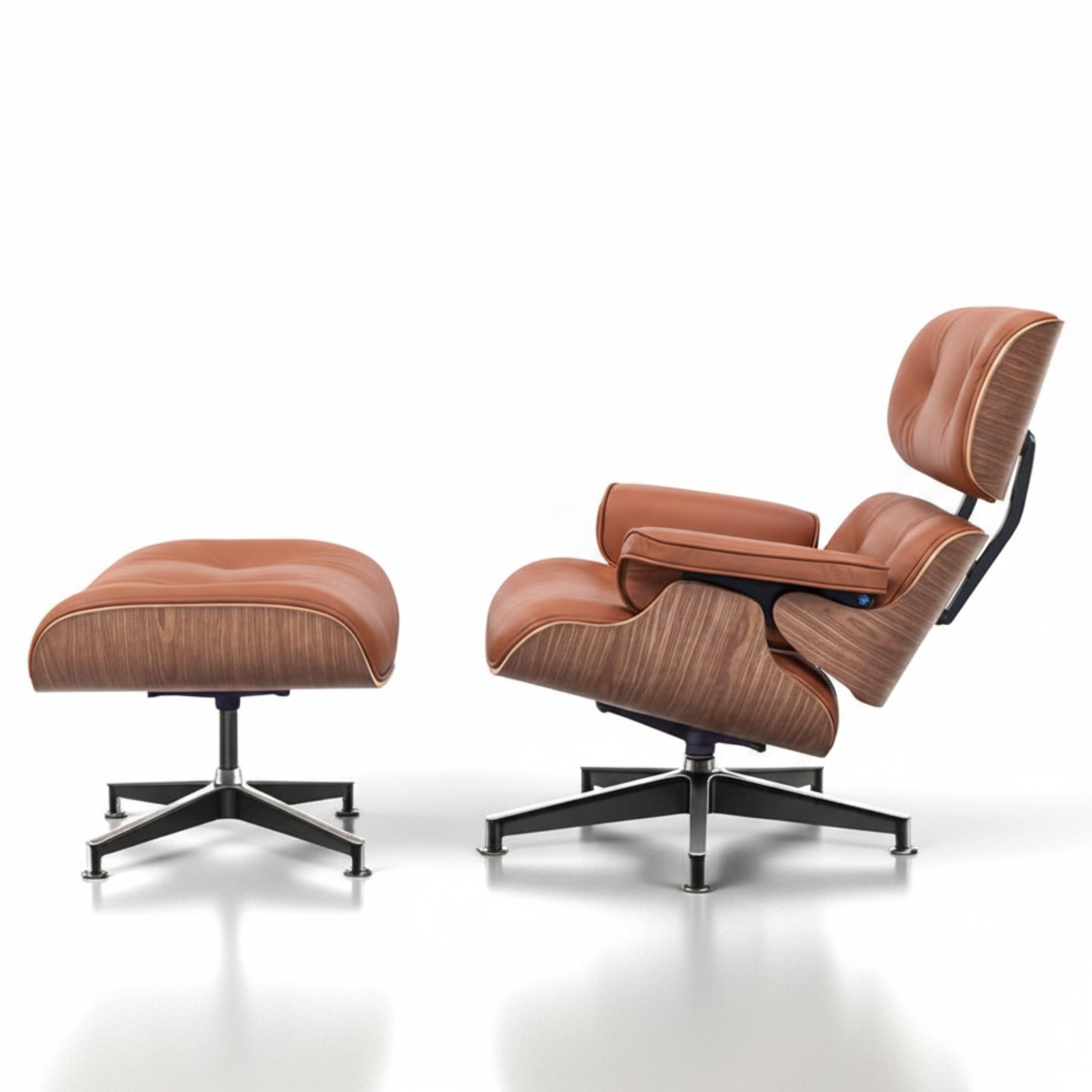 Charles Eames Inspired Mid-Century Iconic Lounge Chair & Ottoman – Walnut Wood & Tan Brown - Aura Furnitures