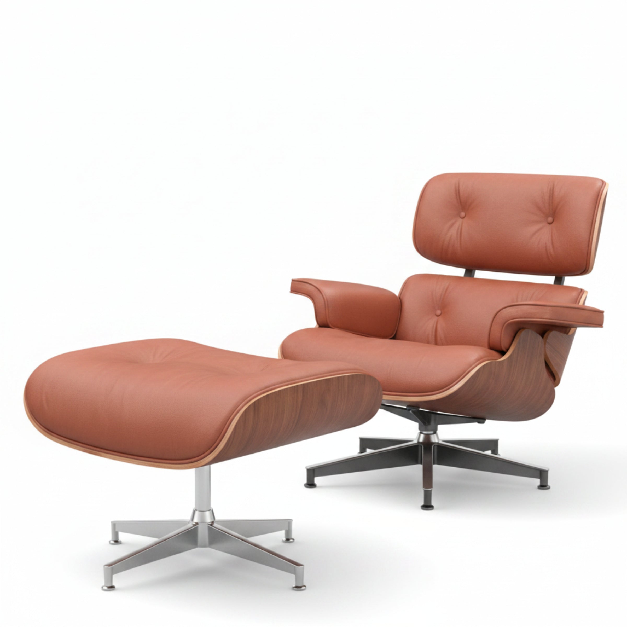Charles Eames Inspired Mid-Century Iconic Lounge Chair & Ottoman – Walnut Wood & Tan Brown - Aura Furnitures
