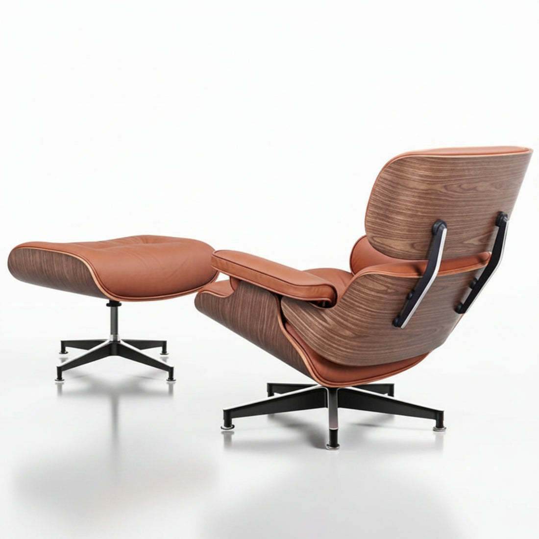 Charles Eames Inspired Mid-Century Iconic Lounge Chair & Ottoman – Walnut Wood & Tan Brown - Aura Furnitures