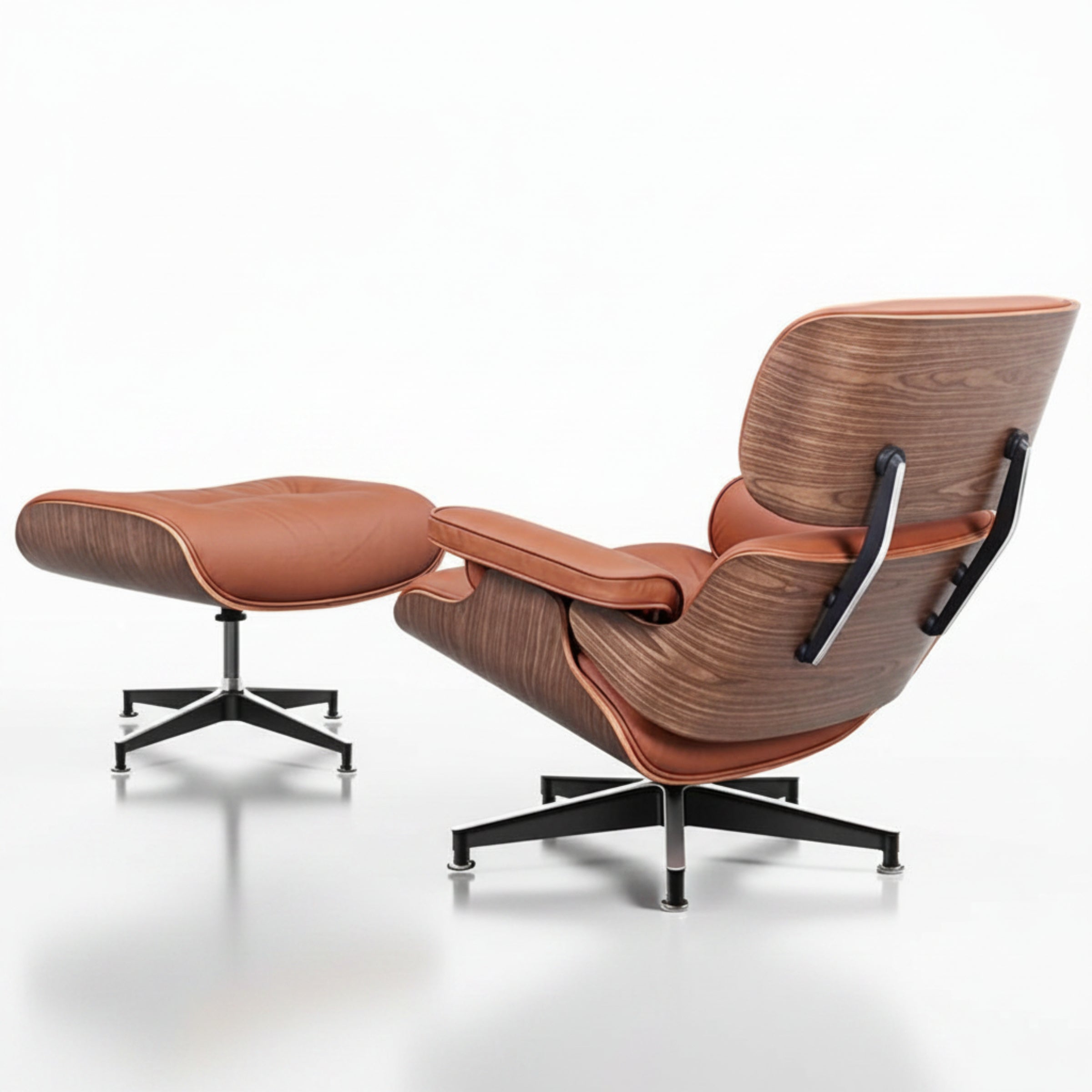 Charles Eames Inspired Mid-Century Iconic Lounge Chair & Ottoman – Walnut Wood & Tan Brown - Aura Furnitures