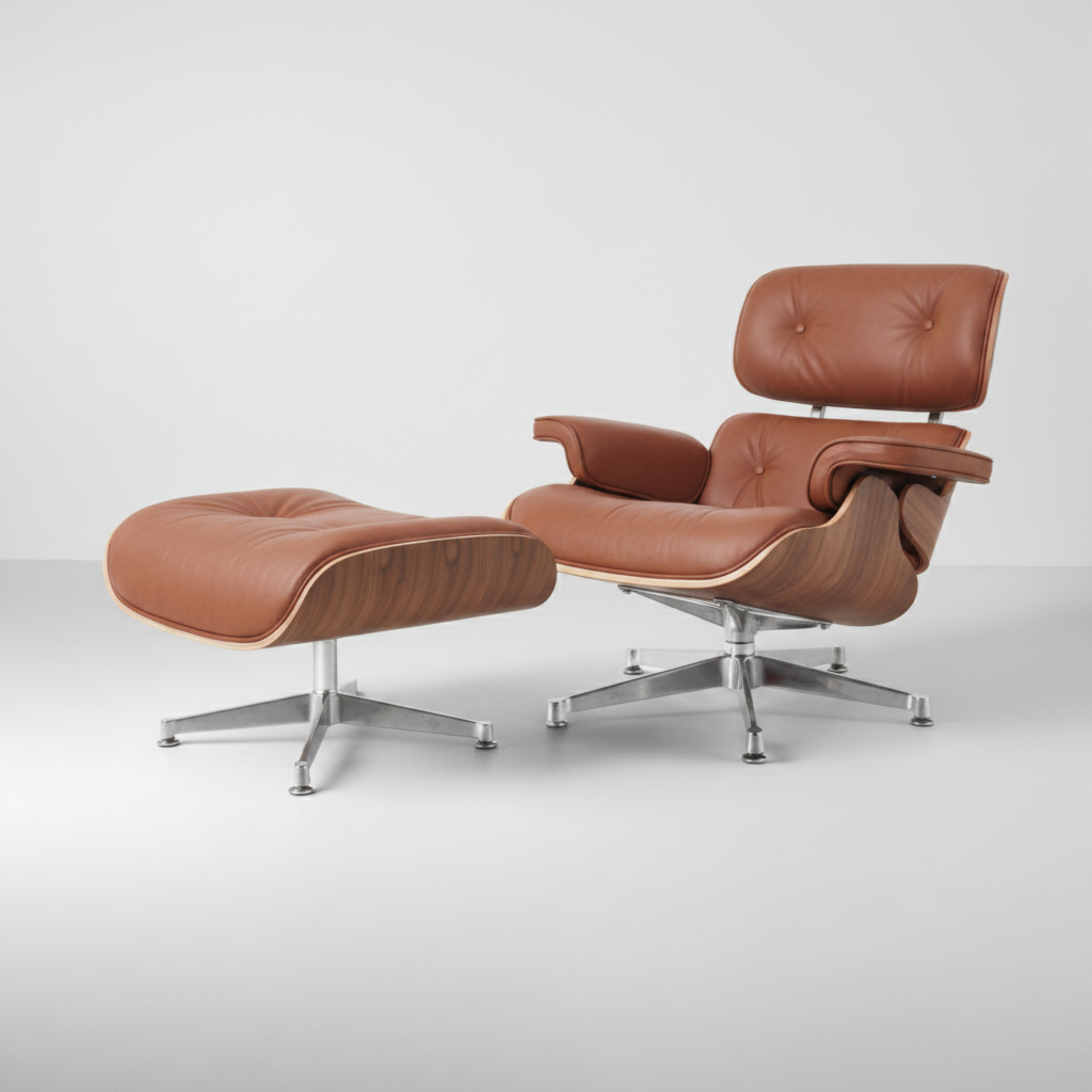 Charles Eames Inspired Mid-Century Iconic Lounge Chair & Ottoman - Walnut Wood & White - Aura Furnitures