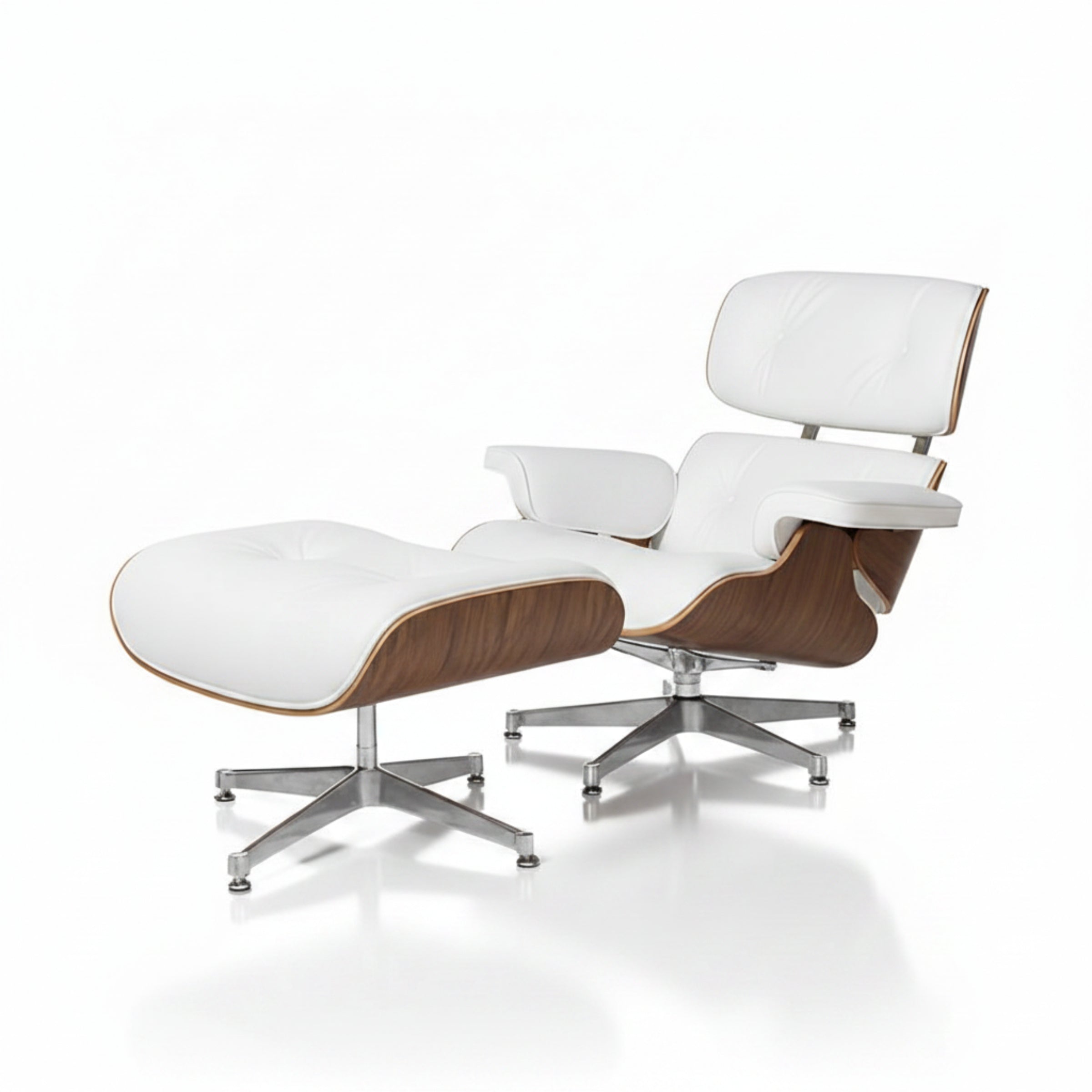 Charles Eames Inspired Mid-Century Iconic Lounge Chair & Ottoman - Walnut Wood & White - Aura Furnitures