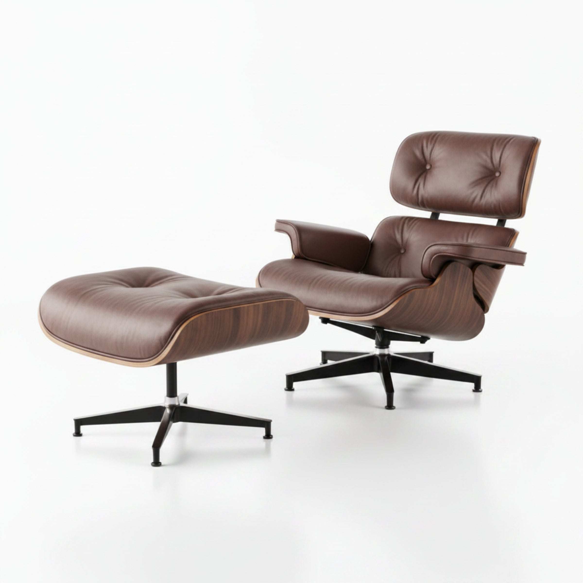 Charles Eames Inspired Mid-Century Iconic Lounge Chair & Ottoman - Walnut Wood & White - Aura Furnitures