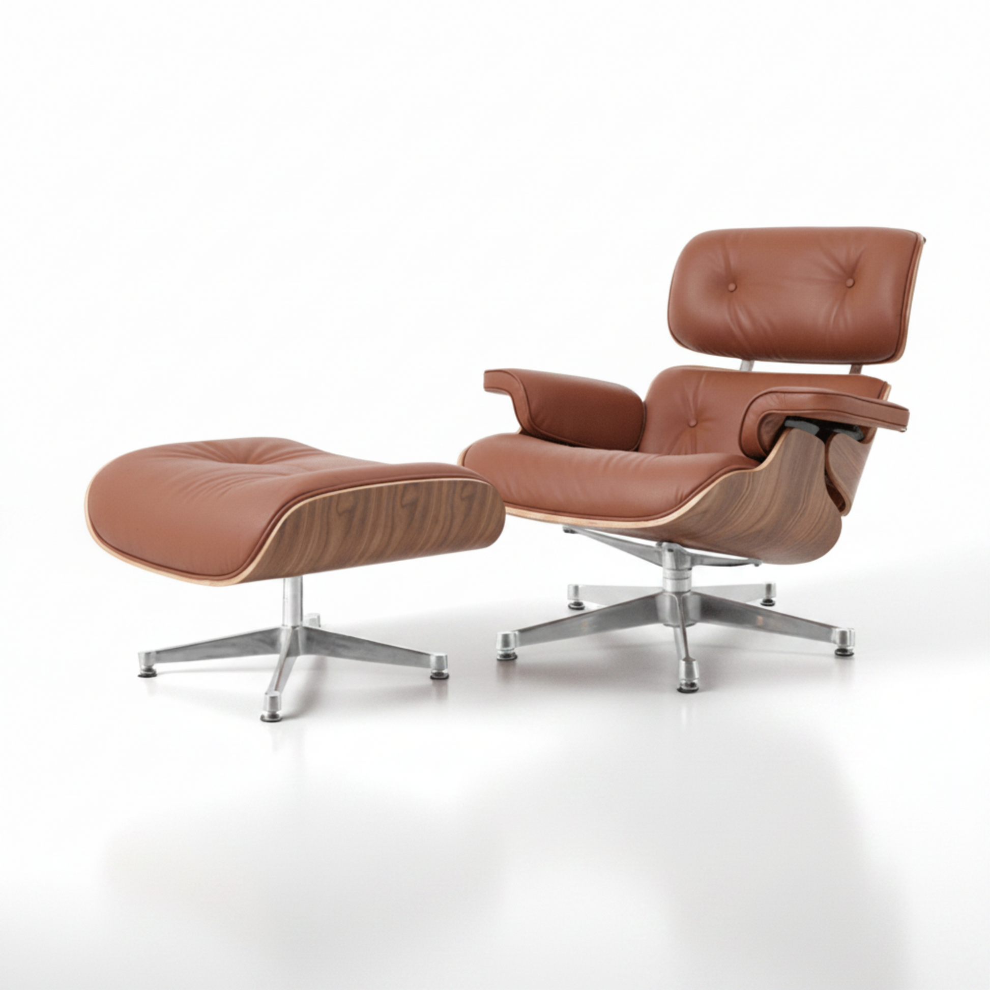 Charles Eames Inspired Mid-Century Iconic Lounge Chair & Ottoman - Walnut Wood & White - Aura Furnitures