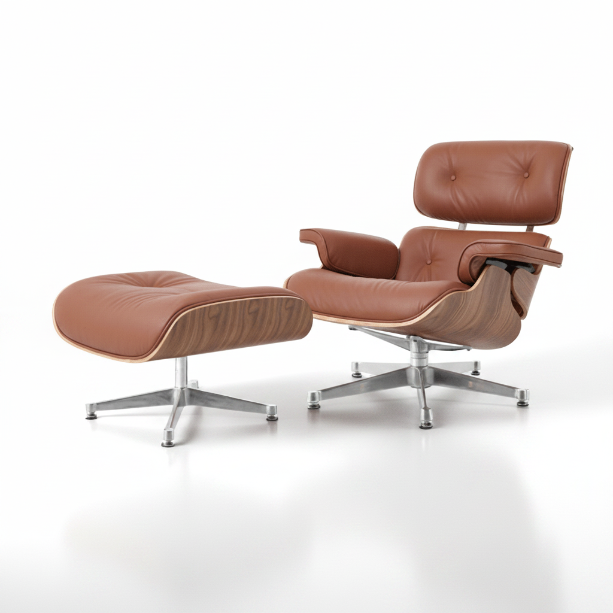 Charles Eames Inspired Mid-Century Iconic Lounge Chair & Ottoman - Walnut Wood & White - Aura Furnitures