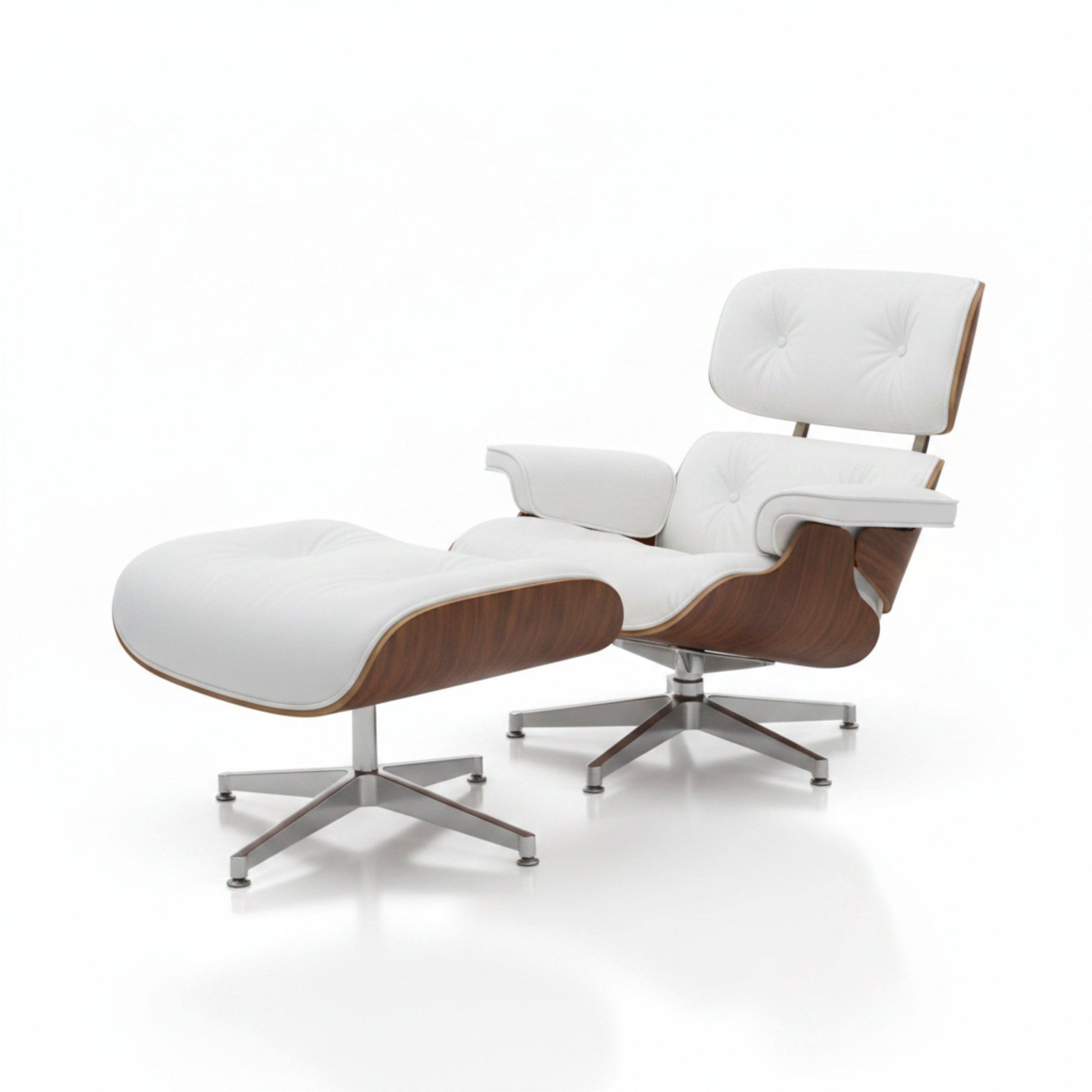 Charles Eames Inspired Mid-Century Iconic Lounge Chair & Ottoman - Walnut Wood & White - Aura Furnitures