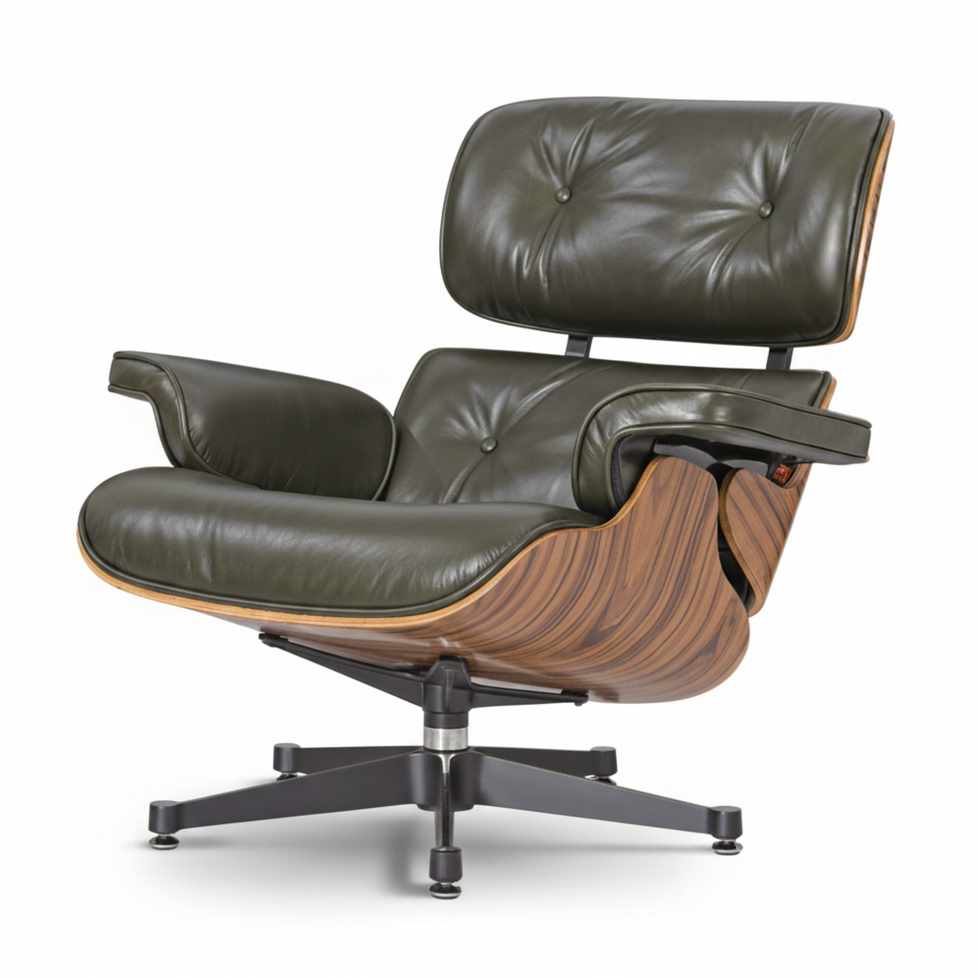 Charles Eames Inspired Mid-Century Lounge Chair & Ottoman in Waxed Green Leather in Rose Wood - Aura Furnitures