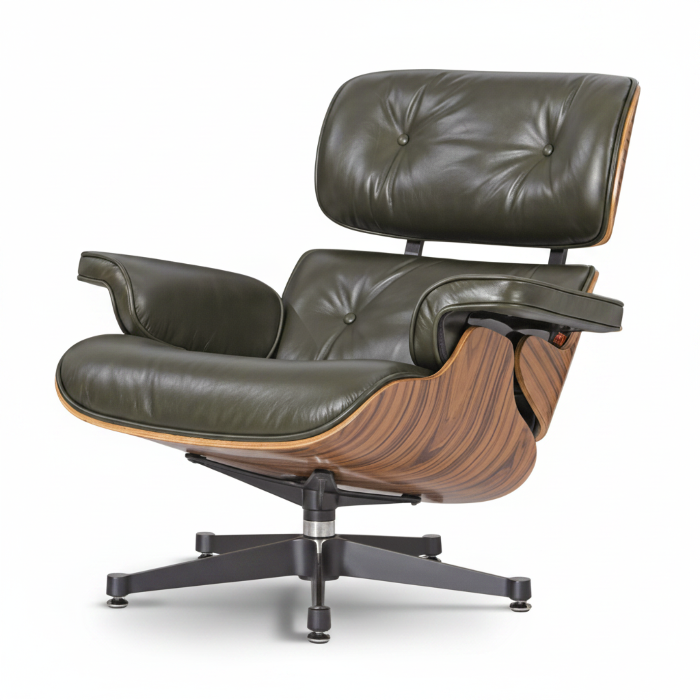Charles Eames Inspired Mid-Century Lounge Chair & Ottoman in Waxed Green Leather in Rose Wood - Aura Furnitures