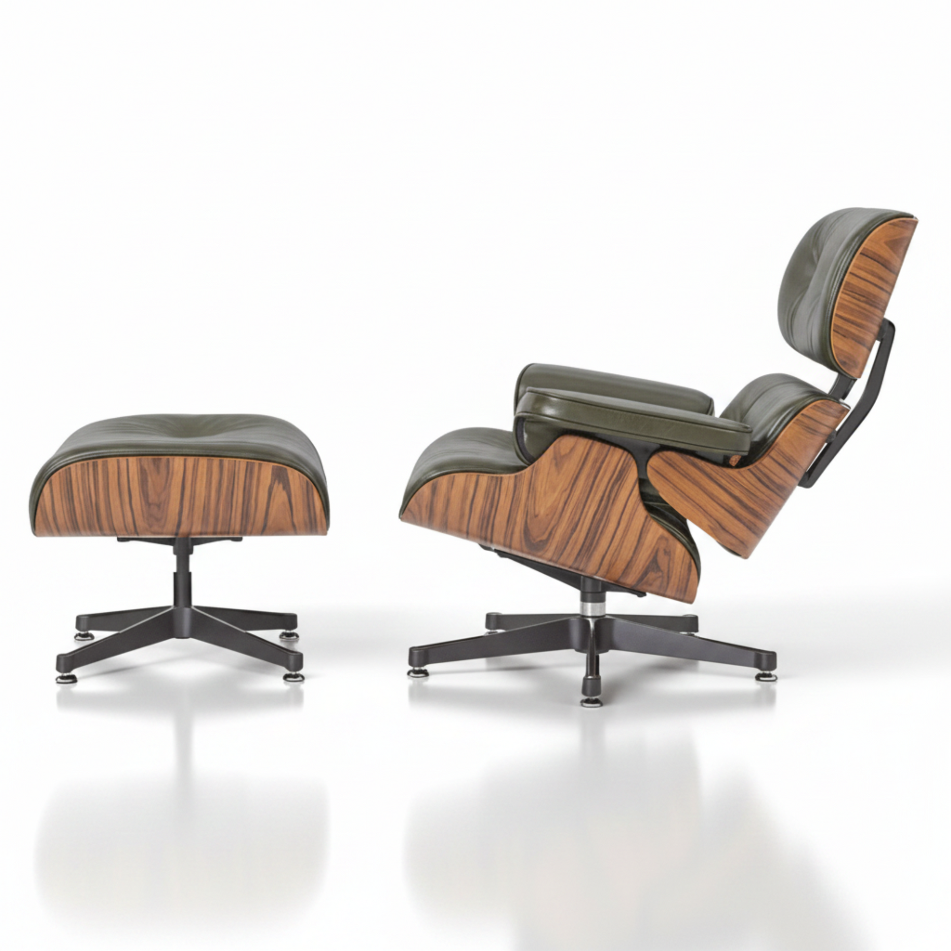 Charles Eames Inspired Mid-Century Lounge Chair & Ottoman in Waxed Green Leather in Rose Wood - Aura Furnitures