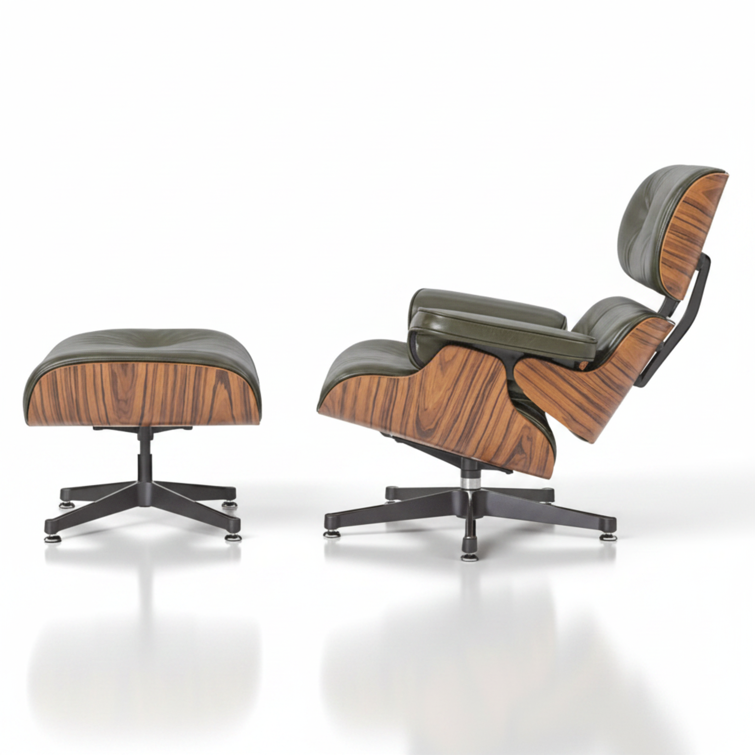 Charles Eames Inspired Mid-Century Lounge Chair & Ottoman in Waxed Green Leather in Rose Wood - Aura Furnitures