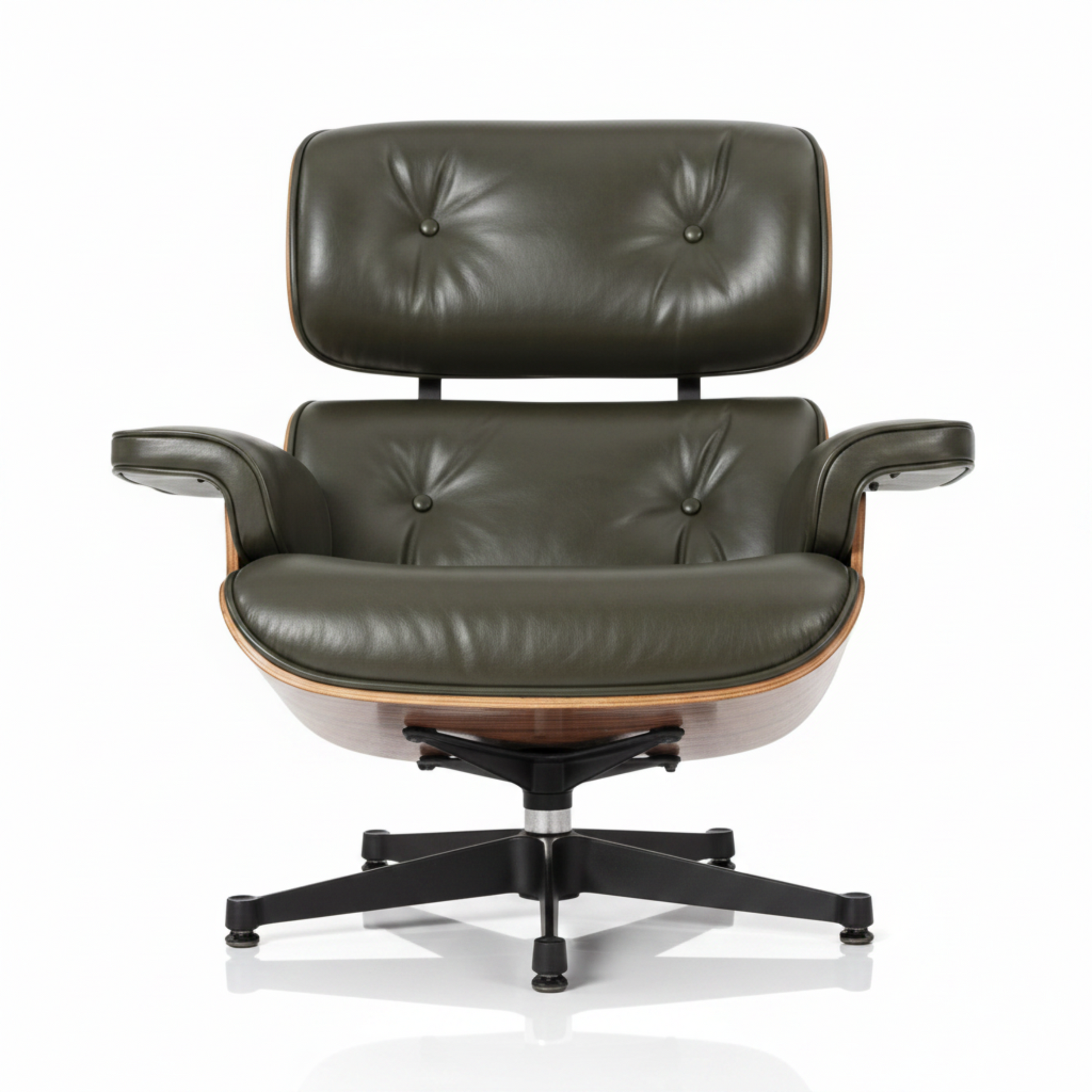 Charles Eames Inspired Mid-Century Lounge Chair & Ottoman in Waxed Green Leather in Rose Wood - Aura Furnitures