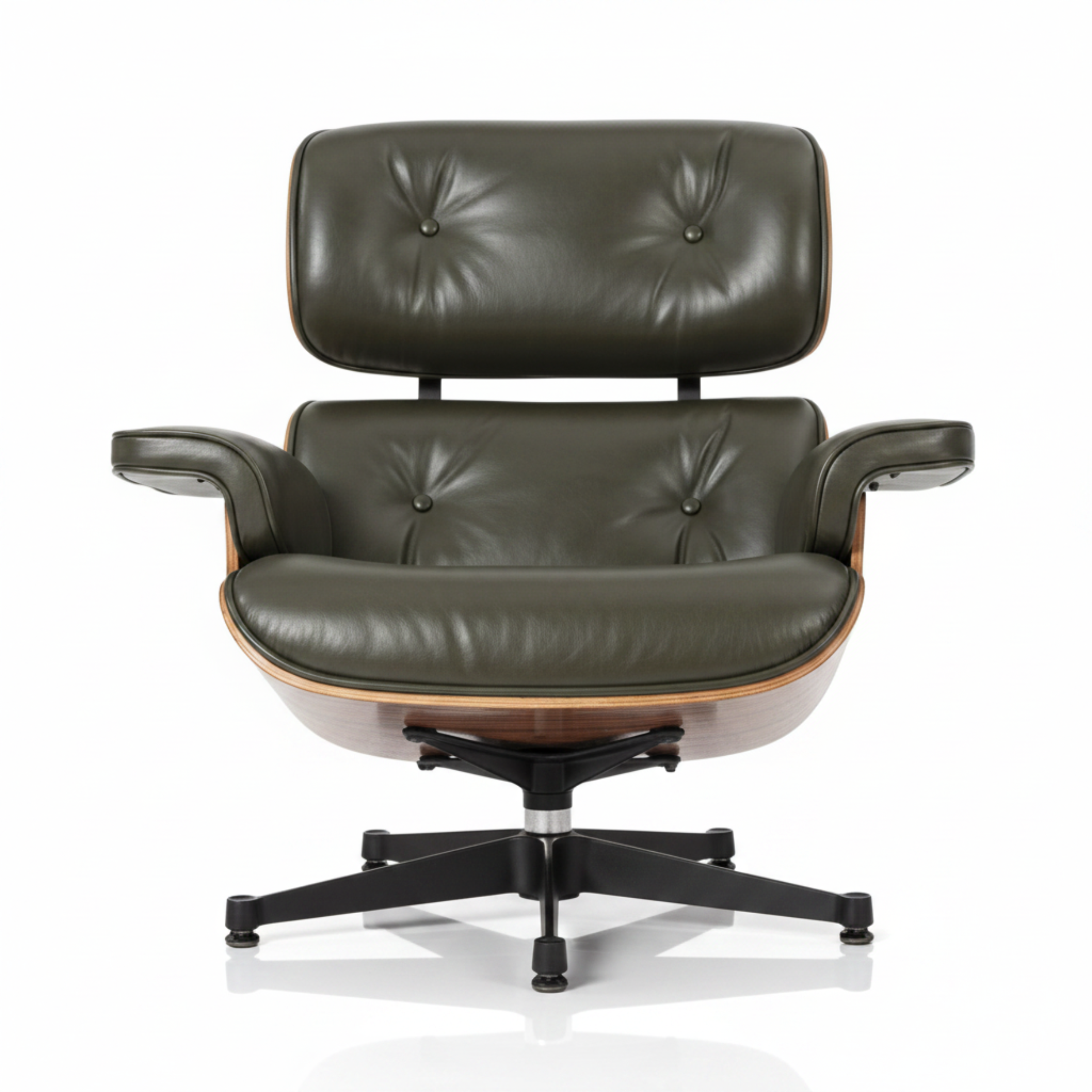 Charles Eames Inspired Mid-Century Lounge Chair & Ottoman in Waxed Green Leather in Rose Wood - Aura Furnitures