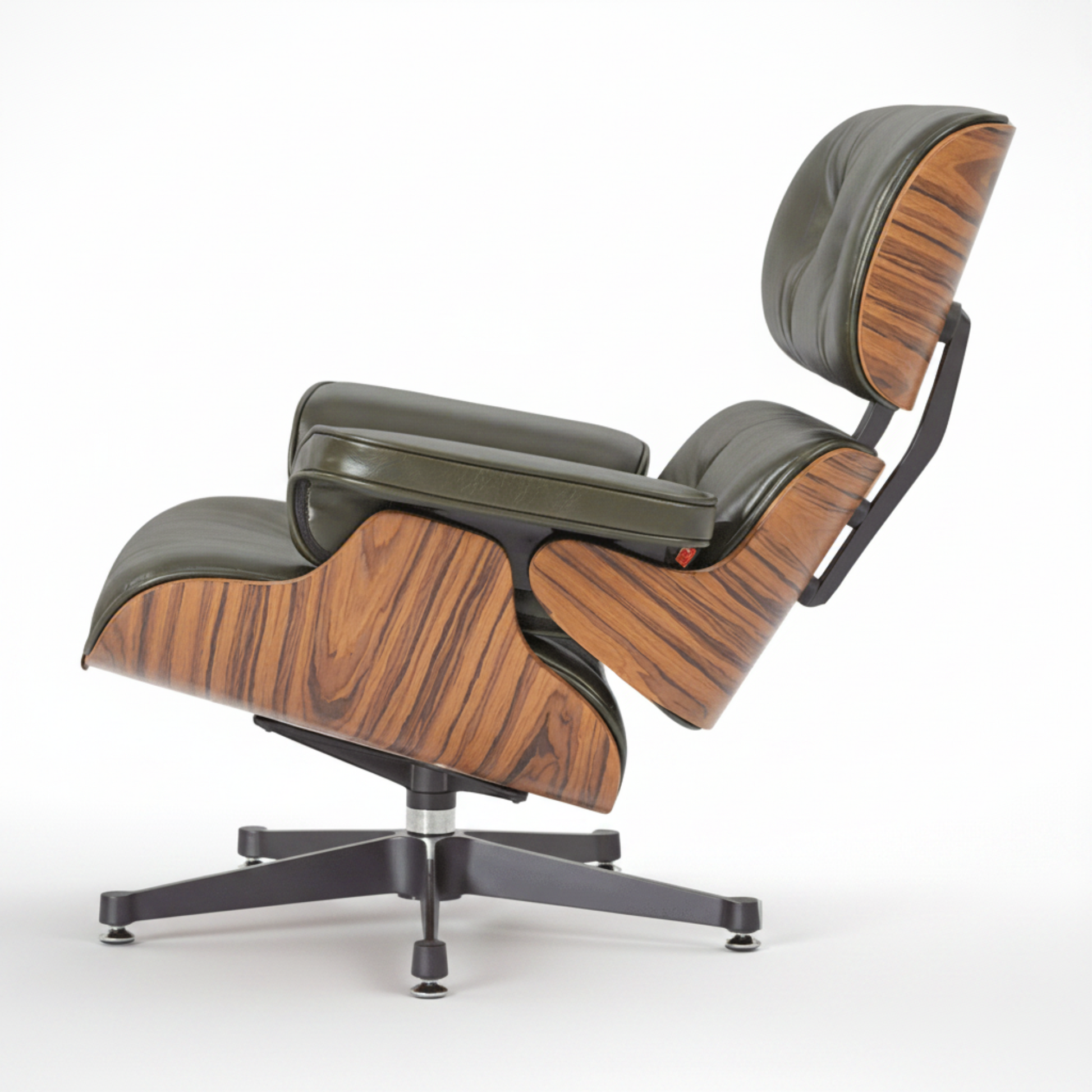Charles Eames Inspired Mid-Century Lounge Chair & Ottoman in Waxed Green Leather in Rose Wood - Aura Furnitures