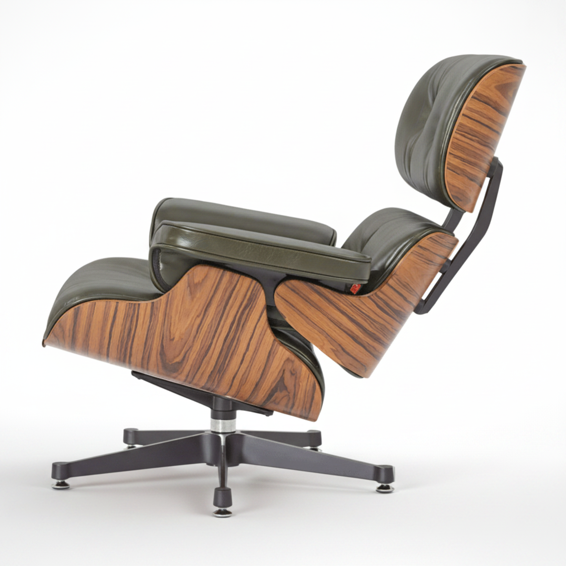 Charles Eames Inspired Mid-Century Lounge Chair & Ottoman in Waxed Green Leather in Rose Wood - Aura Furnitures