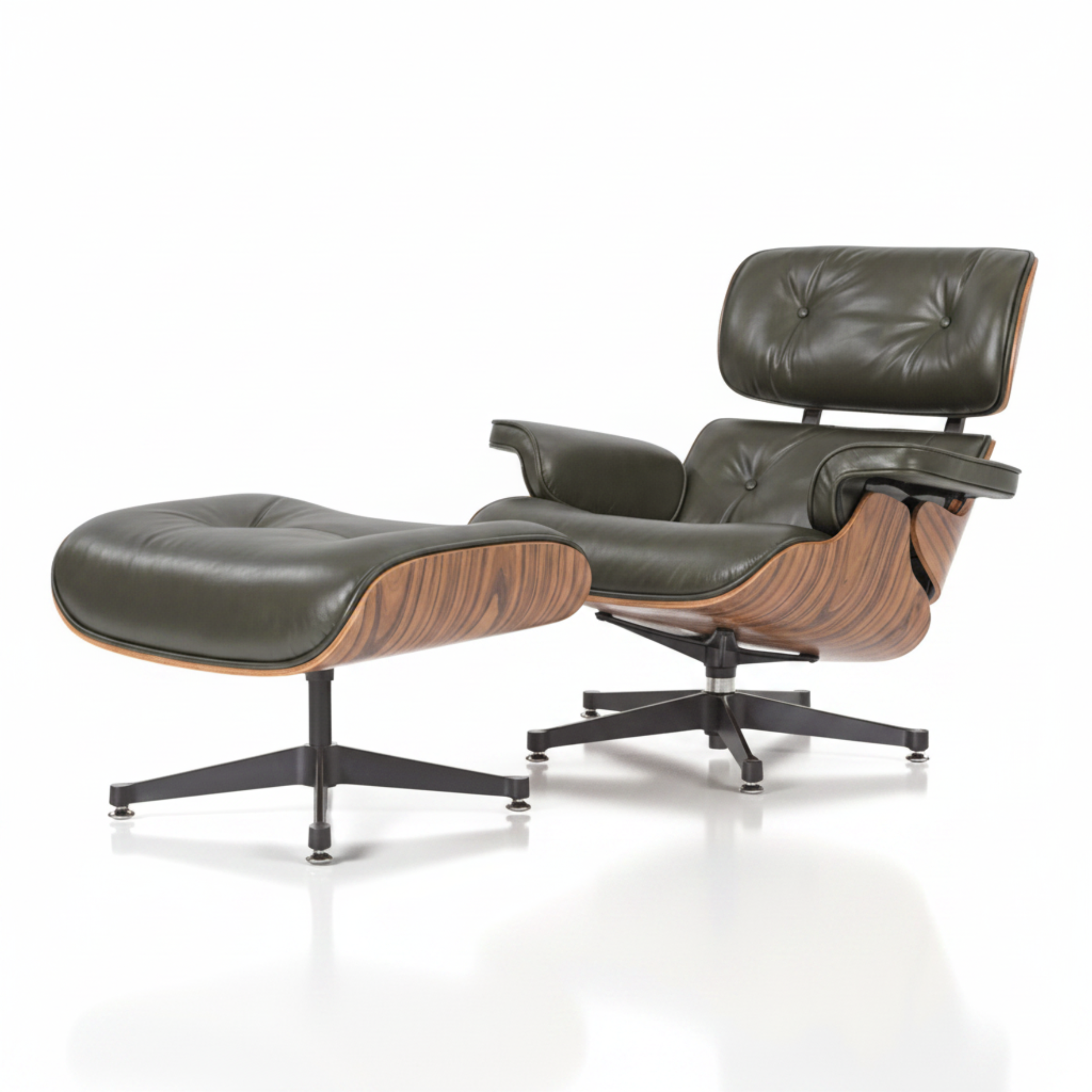 Charles Eames Inspired Mid-Century Lounge Chair & Ottoman in Waxed Green Leather in Rose Wood - Aura Furnitures