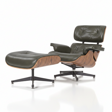 Charles Eames Inspired Mid-Century Lounge Chair & Ottoman in Waxed Green Leather in Rose Wood - Aura Furnitures