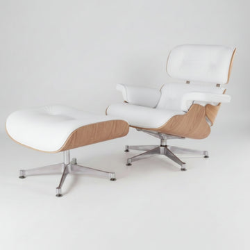 Charles Eames Inspired Mid-Century Lounge Chair & Ottoman Italian Leather - Ash Wood - Aura Furnitures
