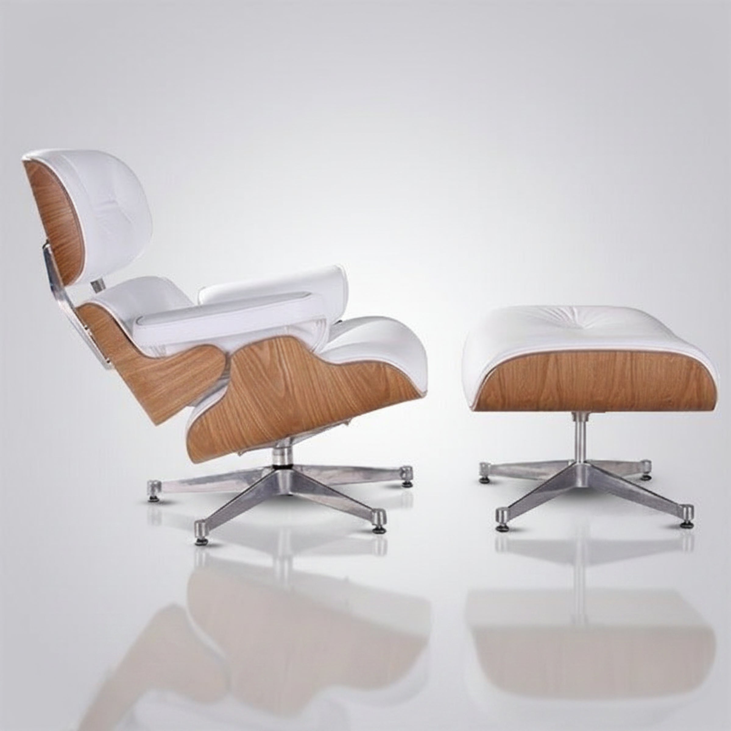 Charles Eames Inspired Mid-Century Lounge Chair & Ottoman Italian Leather - Ash Wood - Aura Furnitures